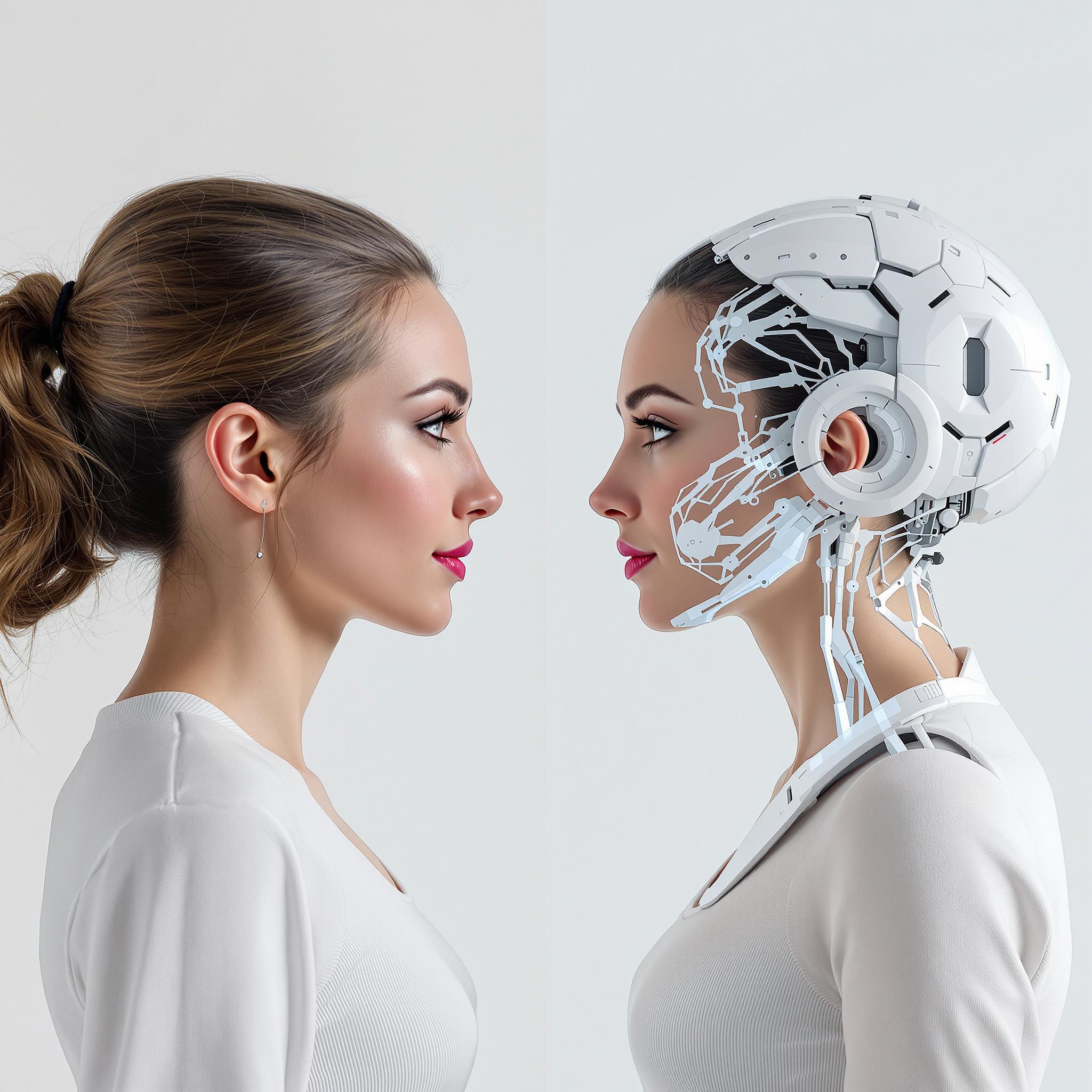 a woman standing face to face with her digital twin. the woman on the left looks completely normal. The digital twin on the right looks futuristic 