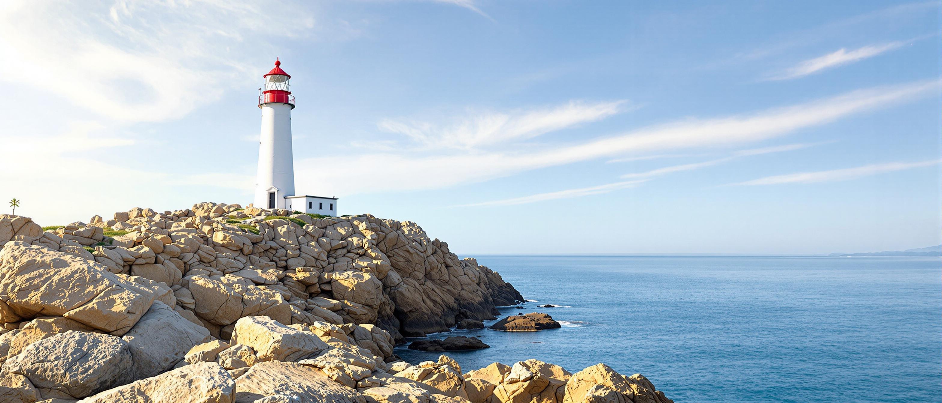 Title words written on top "Dave Butt's Facebook Page" in 3d letters. This poster captures a serene coastal scene dominated by a striking white lighthouse with a red cap perched atop a rugged, rocky outcrop. The lighthouse stands tall and narrow, with a cylindrical body and a conical lantern room, a classic design that suggests its function as a navigational aid for mariners.The rocks are jagged and uneven, with a variety of textures and shades of brown and tan, some with striations that hint at their geological formation. The foreground is filled with these rocks, creating a sense of depth and leading the viewers eye towards the lighthouse.The lighthouse is situated on a narrow isthmus that juts out into a calm sea, with gentle waves lapping against the rocks. The water is a deep blue, reflecting the sky above and the clouds scattered across it. The horizon is faintly visible, with a silhouette of land that could be a distant headland or shoreline.The sky is a canvas of soft blues and whites, with wispy clouds that add a sense of movement and tranquility to the scene. The lighting in the image is bright and natural, with the sun casting a warm glow on the rocks and the sea, creating a contrast with the cooler tones of the sky.The overall art style of the image is realistic, capturing the details and textures of the scene with clarity and precision. The medium appears to be a highresolution photograph, given the sharpness and clarity of the image.The colors in the image are harmonious and calming, with the blues of the sky and sea creating a sense of peace and the warm tones of the rocks and lighthouse adding a touch of warmth and contrast. The red cap of the lighthouse is a bold statement that draws the eye and adds a pop of color to the otherwise subdued palette.In summary, this image is a realistic portrayal of a serene coastal scene, dominated by a striking white lighthouse with a red cap, set against a backdrop of a calm sea and a soft blue sky. The rocks in the foreground add texture and depth, while the overall color palette is harmonious and calming. Title words written on top "Dave Butt's Facebook Page" in 3d letters. 