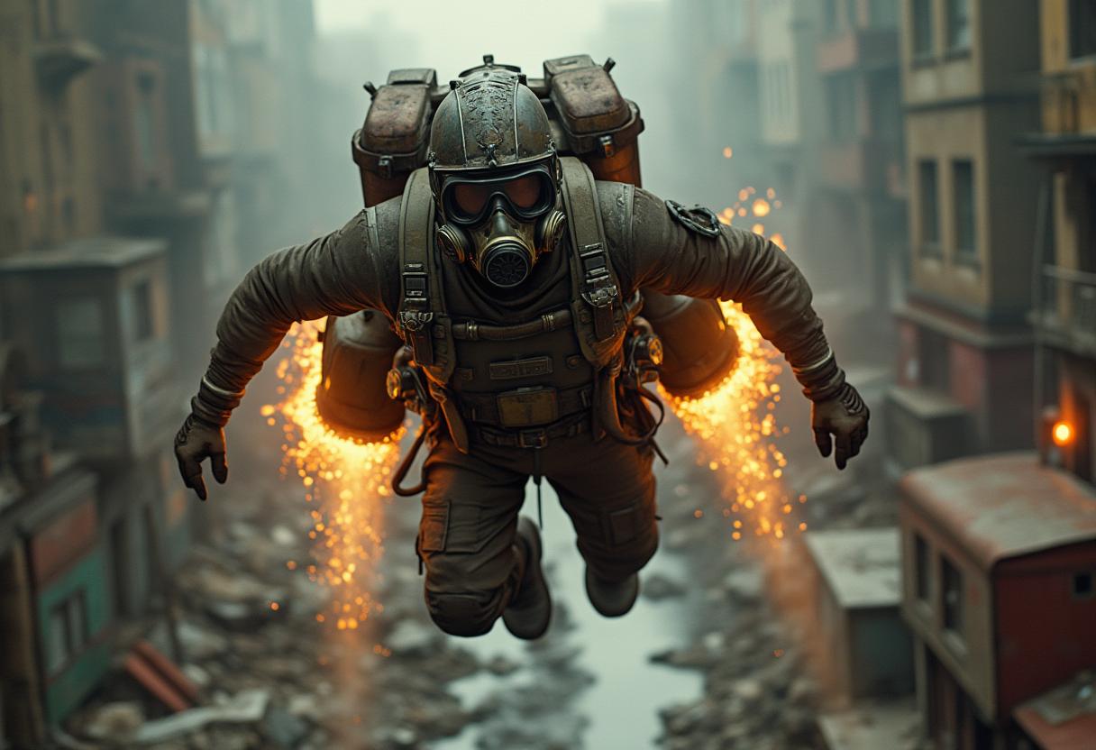 **Prompt:**

In a highly detailed, dystopian post-apocalyptic scene, a soldier with a gas mask and goggles flies above a desolate, ruined urban street. The soldier's uniform combines metallic and leather elements, showcasing intricate patterns and worn textures, reflecting the harshness of their environment. The jetpack, adorned with visible exhaust flames, intricate mechanical details, glowing engine parts, and complex piping, adds a steampunk-inspired vibe to the composition. The scene is characterized by:

- **Visual Details:** The soldier's gear is weathered, with visible scratches and patches, emphasizing the struggle for survival. The jetpack's flames cast dynamic light and shadows, highlighting the contrast between the dark, gritty environment and the soldier's illuminated silhouette. The urban landscape features rusted, decaying vehicles and debris, with crumbling buildings in the background, all enveloped in muted, earthy tones.

- **Style:** The image should capture the essence of neo-noir and dystopian art, with influences from cyberpunk and steampunk aesthetics. The composition should reflect the chiaroscuro technique, enhancing the dramatic lighting and shadow play.

- **Composition:** The camera angle is from below, looking up at the flying soldier, creating a sense of scale and awe. The soldier is centered, dominating the frame, with the ruined cityscape spreading out in all directions, emphasizing their isolation. The framing should include elements of the city in the foreground, adding depth and context to the scene.

- **Mood and Atmosphere:** The overall mood is one of despair and survival in a world after the fall. The dim light reflecting off the ground, combined with the muted colors and the eerie silence of the desolate urban landscape, creates an atmosphere of desolation, hopelessness, and the eerie calm after the storm.

- **Technical Aspects:** Utilize high dynamic range imaging to capture the stark contrast between the bright jetpack flames and the dark surroundings. Employ a shallow depth of field to focus on the soldier, while the background remains slightly blurred, enhancing the sense of movement and focus on the subject.

This cohesive scene should evoke the feeling of a lone survivor navigating a world left in ruins, where technology and survival intertwine in a visually compelling narrative.