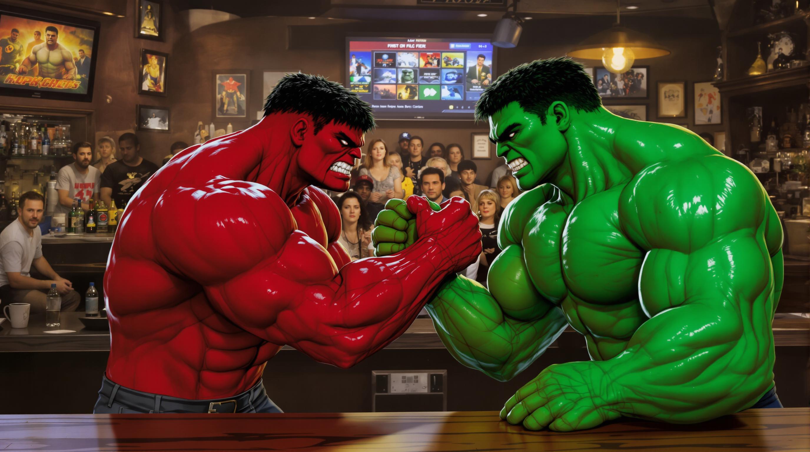 red hulk and green hulk arm wrestle at a crowded bar.