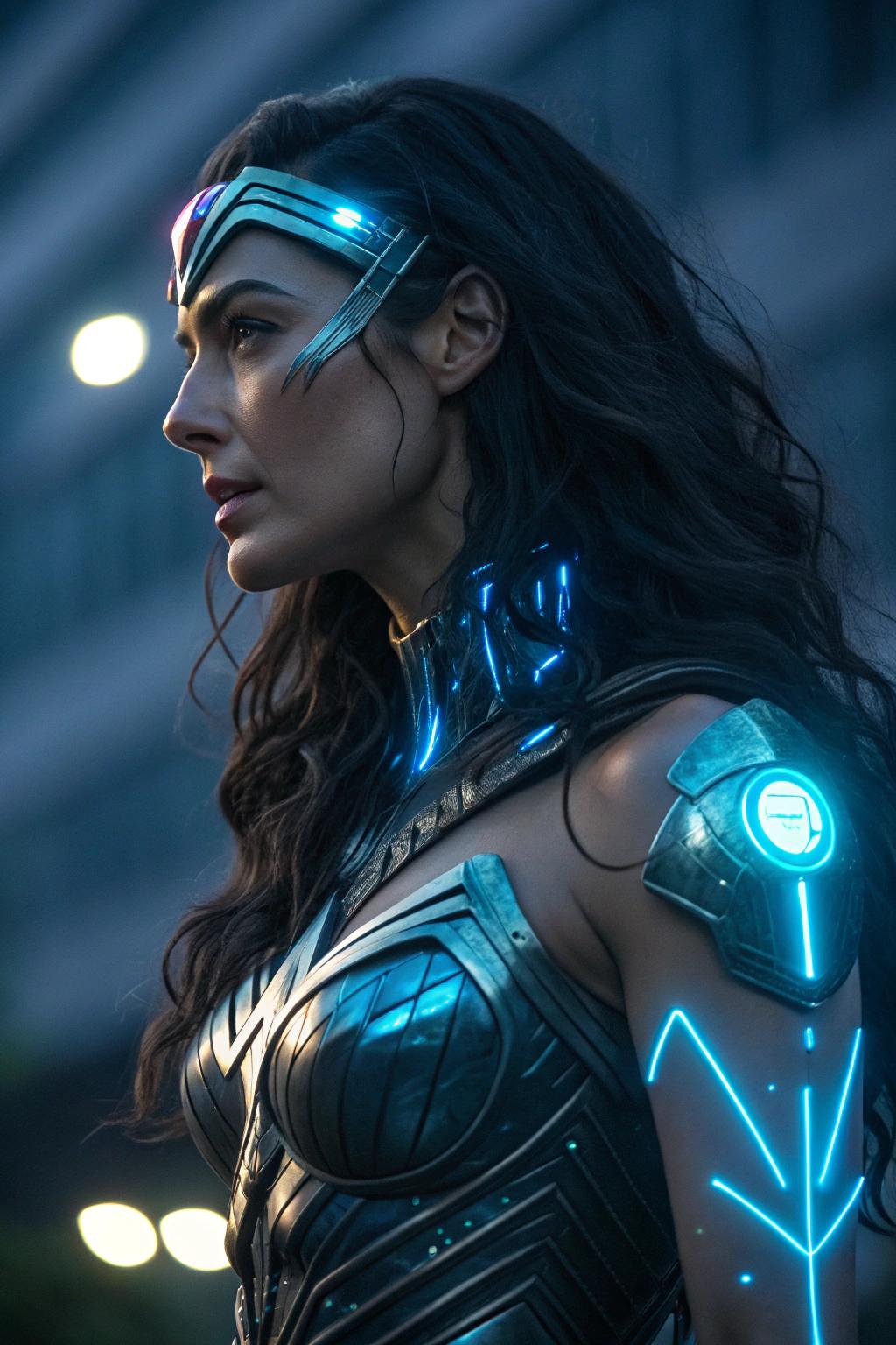 **Prompt:** A cinematic portrait of Wonder Woman as a cyborg, merging the essence of ancient Greek warrior with futuristic cybernetics. 

- **Subject:** Wonder Woman, portrayed with her iconic long, dark hair flowing in the wind, now interwoven with glowing, neon blue cybernetic circuits that pulse with energy. Her skin has areas of smooth, metallic sheen, transitioning seamlessly into flesh, with intricate mechanical enhancements visible around her eyes, giving them an otherworldly glow.

- **Visual Elements:** 
  - **Colors:** Dominant colors are metallic silver, with highlights of neon blue for the cybernetics, and earthy tones for her natural aspects, creating a striking contrast.
  - **Lighting:** High contrast lighting with dramatic shadows, emphasizing the metallic textures and the luminescence of the cybernetics. Use of backlighting to outline her silhouette with a halo effect.
  - **Textures:** A mix of polished metal surfaces, organic skin texture, and the rough, industrial look of mechanical parts.

- **Style:** Cyberpunk infused with classical Greek art, blending the aesthetic of Ridley Scott's 'Blade Runner' with the heroic poses of Greek statues. The image should have a hyper-realistic quality with a touch of surrealism.

- **Composition:** 
  - **Camera Angle:** Low angle shot to make Wonder Woman appear larger than life, empowering her presence.
  - **Framing:** She stands in the center of the frame, slightly off-kilter, with a dynamic pose that suggests movement, her body partially turned towards the viewer, one arm outstretched in a heroic gesture.

- **Mood and Atmosphere:** 
  - **Time of Day:** Twilight, with the last rays of the sun casting long shadows, enhancing the neon blue glow of her cybernetics.
  - **Weather:** Light rain, with raindrops reflecting the neon lights, adding to the cyberpunk atmosphere.
  - **Ambiance:** A sense of awe and power, with an underlying tension between her ancient origins and her future self, creating a surreal, almost dreamlike quality.

- **Technical Aspects:** 
  - **Depth of Field:** Shallow depth of field focusing on Wonder Woman, with the background slightly blurred to keep the focus on her.
  - **Lens Flare:** Subtle lens flares from the neon lighting to give the image a cinematic feel.
  - **Focus:** Sharp focus on her eyes and cybernetic enhancements to draw attention to the fusion of human and machine.

- **Cohesion:** All elements work together