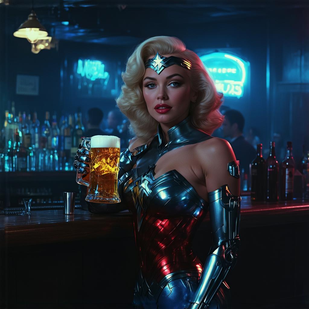 A captivating digital art illustration featuring **Marilyn Monroe as Wonder Woman**, now reimagined as a **cyborg** in a **retro-futuristic style**. 

**Visual Details:**
- **Marilyn Monroe:** Her iconic beauty is preserved with her platinum blonde hair, but enhanced with cybernetic elements. Her eyes are replaced with glowing, neon-blue cybernetic implants, and parts of her face subtly show metallic components integrated with her skin, giving a seamless blend of human and machine.
- **Wonder Woman's Attire:** She wears a modified version of her classic costume, now with futuristic armor plating that includes glowing lines and circuits. The star-spangled top and tiara are metallic and sleek, reflecting light with a polished finish. Her Lasso of Truth has a cybernetic glow, suggesting its power source.
- **Environment:** The bar setting has a **neo-noir** aesthetic, with dim lighting, neon signs casting colorful reflections, and a mix of vintage and futuristic decor. The bar counter is made of a reflective, high-tech material, contrasting with the retro feel of the surrounding furniture.
- **Beer:** She holds a futuristic beer mug, glowing with a soft light, perhaps indicating a unique brew or an energy drink for cyborgs.

**Composition:**
- Marilyn/Wonder Woman is the focal point, seated at the bar in a relaxed yet commanding pose, facing slightly towards the camera, with her elbow resting on the counter. The background shows other patrons, blending into the shadows, creating a sense of depth and mystery.

**Mood and Atmosphere:**
- The scene exudes a **retro-futuristic, cyberpunk** atmosphere, with a touch of glamour and a hint of rebellion. The mood is playful yet sophisticated, as if she's taking a well-deserved break in her new cyborg life.

**Technical Aspects:**
- **Lighting:** Use chiaroscuro techniques with strong contrasts between light and dark, highlighting her cybernetic enhancements while creating shadows that add depth.
- **Color Palette:** A mix of muted tones for the bar's interior, with pops of bright neon colors for her cybernetic parts and the beer mug.
- **Camera Angle:** A low-angle shot to emphasize her stature and power, with a slight tilt to add dynamic tension to the scene.

**Artistic Style:**
- The image should be rendered in a style reminiscent of **retro sci-fi movie posters**, with clean lines, bold outlines, and a glossy finish to the cybernetic components, capturing the essence of both Marilyn Monroe's timeless allure and