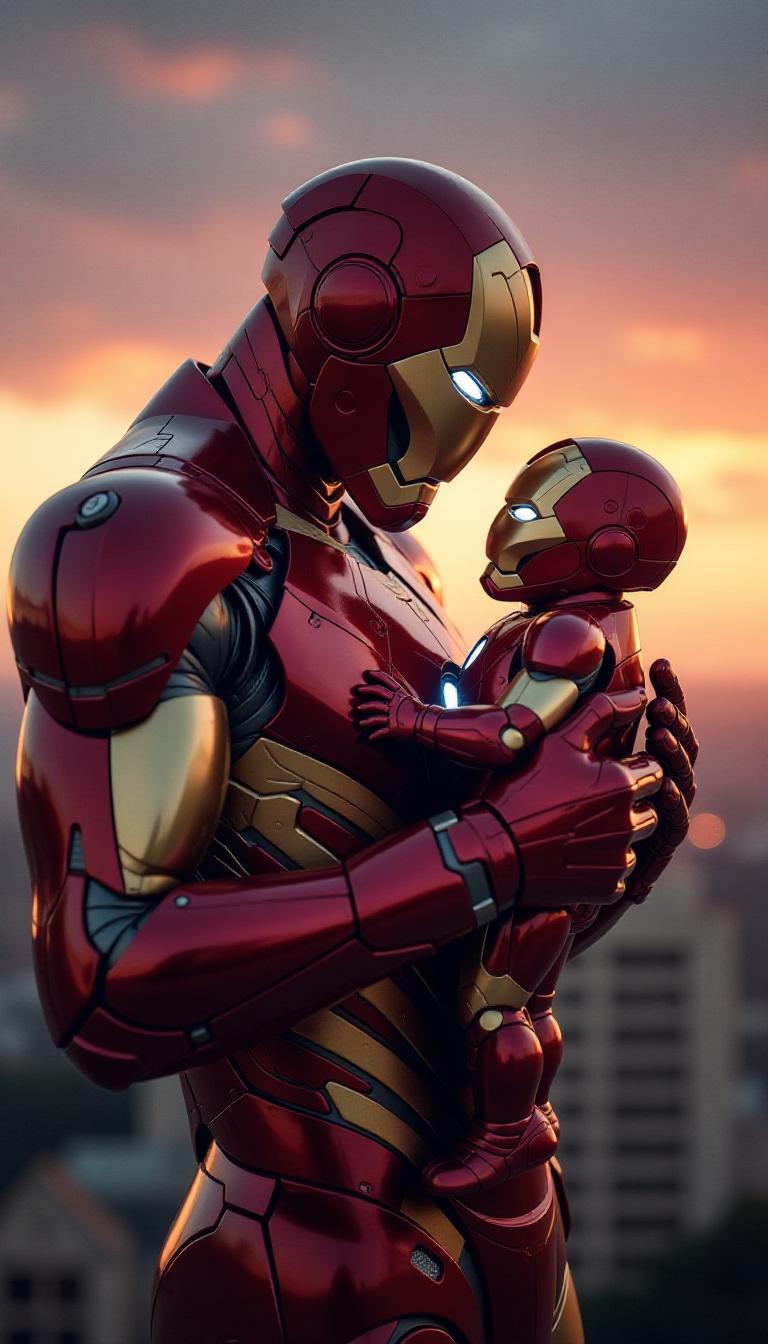 Generate an image of **Iron Man** tenderly cradling a **baby Iron Man** in his arms:

- **Subject**: Iron Man, fully armored in his iconic red and gold suit, exuding a sense of strength and heroism, holds a small, equally armored baby Iron Man. The baby's suit is a miniature version, with softer, rounded edges to signify youth.
  
- **Visual Details**: The metallic sheen of their armor reflects the ambient light, creating highlights and shadows that give depth to the metal texture. Iron Man's suit shows subtle signs of wear and battle, while the baby's armor is pristine and unscratched. 

- **Style**: Employ a **cinematic** style reminiscent of Marvel's movie aesthetic, with a high level of detail in the armor and a slight, artistic blur to the background to focus on the subjects.

- **Composition**: Iron Man is positioned at a slight angle, looking down with a mix of pride and affection at the baby. The baby's head is turned slightly towards the viewer, with one tiny hand reaching out. The camera angle is slightly low, emphasizing Iron Man's heroic stature.

- **Mood and Atmosphere**: The scene is set at **dusk**, with the sky transitioning from vibrant sunset colors to the deep blues of night, suggesting a peaceful moment after a day of adventure. The mood is **tender** yet **heroic**, with a warm, soft light illuminating the characters to enhance the emotional depth.

- **Technical Aspects**: Use **depth of field** to keep Iron Man and the baby in sharp focus while the background blurs, creating a **bokeh** effect. The lighting should mimic the **golden hour**, casting a warm glow over the scene with long shadows and a sense of tranquility.

- **Cohesion**: The scene should feel like a still from a Marvel film, where the strength and protective nature of Iron Man are juxtaposed with the innocence and vulnerability of the baby, creating a harmonious and emotionally resonant image.