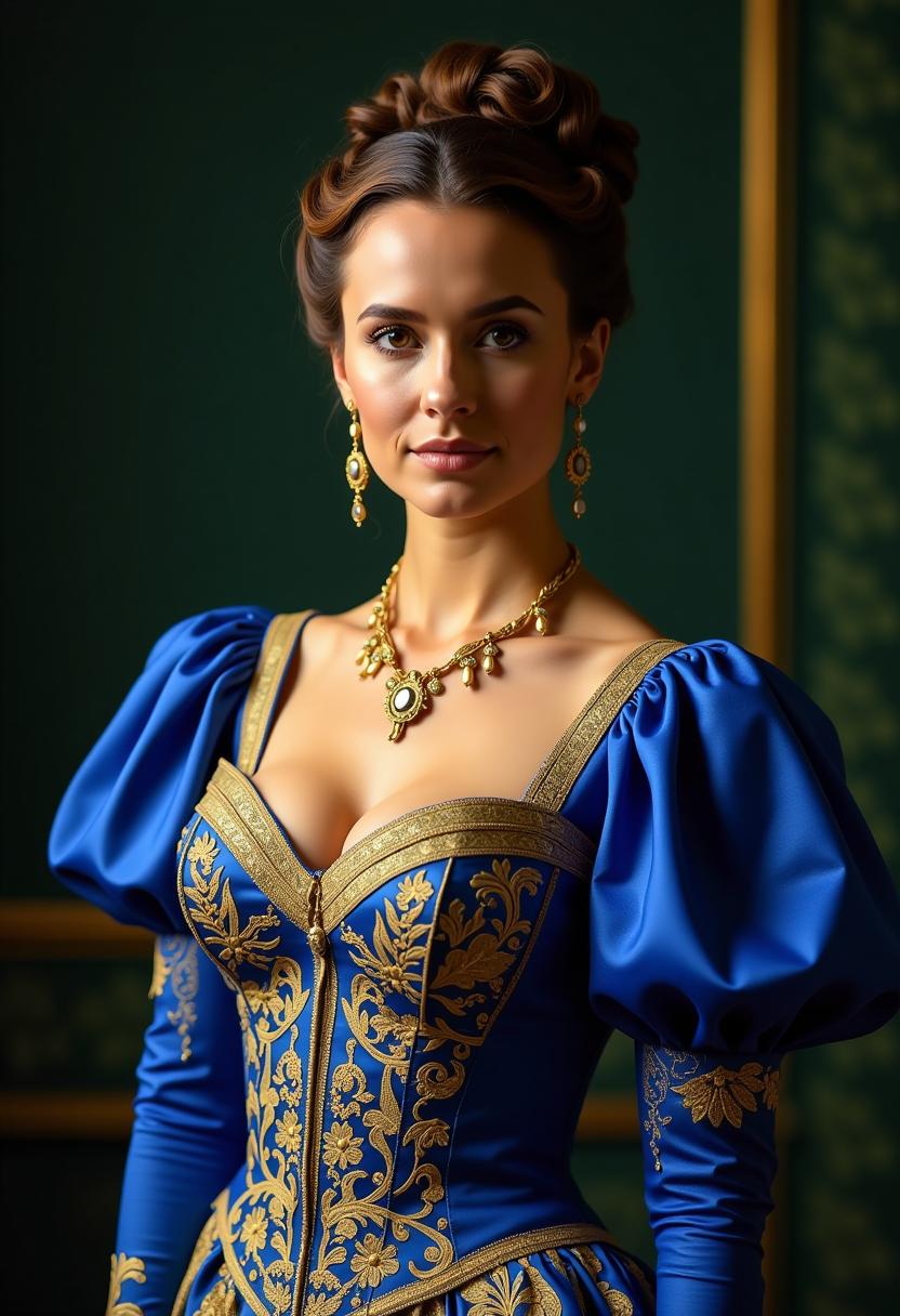 The image features a woman dressed in a richly detailed, royal blue and gold gown with intricate embroidery and patterns. The gown has a fitted bodice with a low cut neckline with a large bust, adorned with golden floral and scrollwork embroidery. The sleeves are puffed and gathered at the wrists, also embellished with gold detailing. The person is wearing a matching golden necklace with a pendant, and earrings that complement the necklaces style. The hair is styled in an elaborate updo with braids and curls, adding to the regal appearance. The background is a dark green with a pattern that suggests a luxurious or historical setting. The lighting in the image is dramatic, highlighting the textures and colors of the clothing and creating a warm, intimate atmosphere.