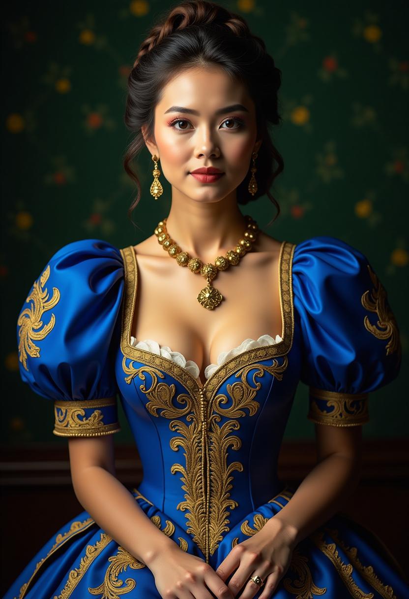 The image features a woman dressed in a richly detailed, royal blue and gold gown with intricate embroidery and patterns. The gown has a fitted bodice with a low cut neckline with a large bust, adorned with golden floral and scrollwork embroidery. The sleeves are puffed and gathered at the wrists, also embellished with gold detailing. The person is wearing a matching golden necklace with a pendant, and earrings that complement the necklaces style. The hair is styled in an elaborate updo with braids and curls, adding to the regal appearance. The background is a dark green with a pattern that suggests a luxurious or historical setting. The lighting in the image is dramatic, highlighting the textures and colors of the clothing and creating a warm, intimate atmosphere.
