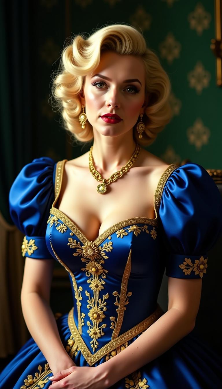 a photo of Marilyn Monroe,  A detailed image features a woman dressed in a richly detailed, royal blue and gold gown with intricate embroidery and patterns. The gown has a fitted bodice with a low cut neckline with a large bust, adorned with golden floral and scrollwork embroidery. The sleeves are puffed and gathered at the wrists, also embellished with gold detailing. The person is wearing a matching golden necklace with a pendant, and earrings that complement the necklaces style. The hair is styled in an elaborate updo with braids and curls, adding to the regal appearance. The background is a dark green with a pattern that suggests a luxurious or historical setting. The lighting in the image is dramatic, highlighting the textures and colors of the clothing and creating a warm, intimate atmosphere.