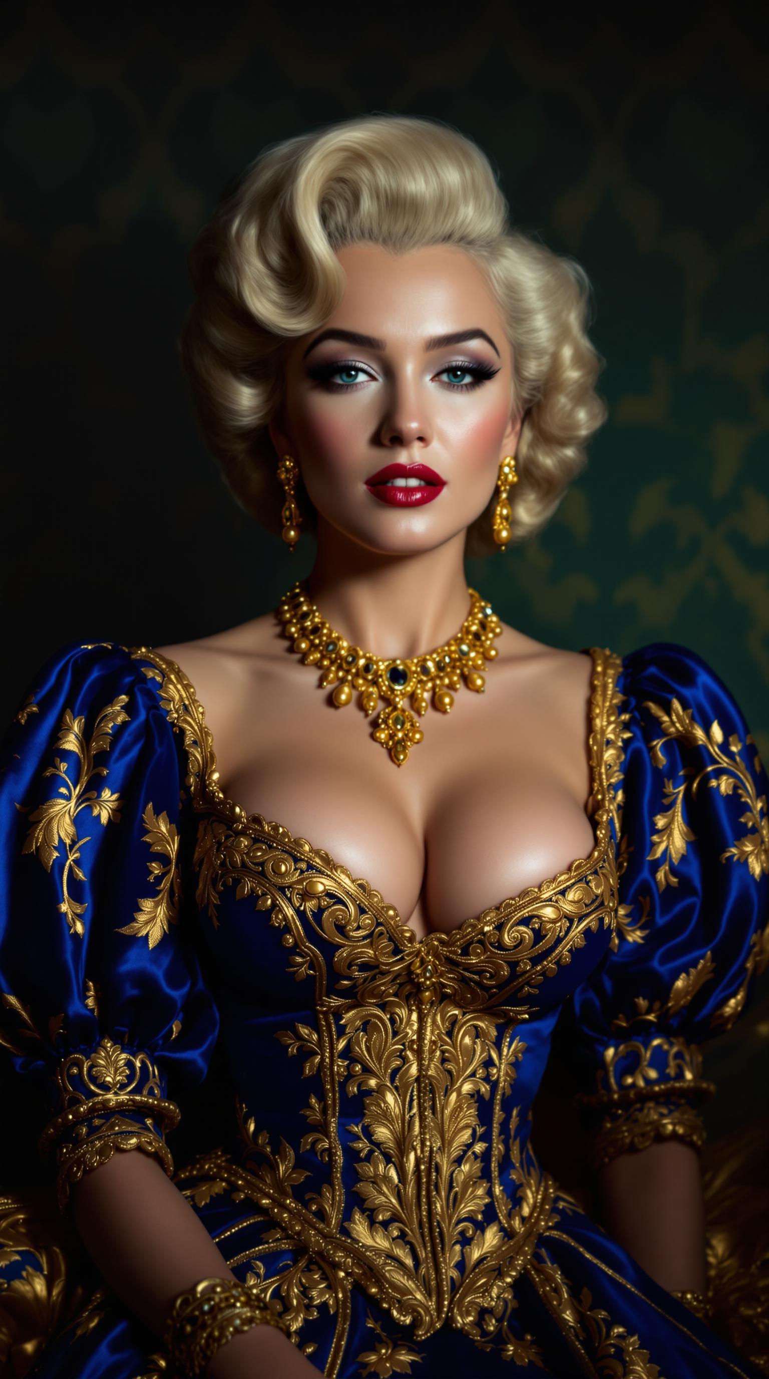 a photo of Marilyn Monroe,  A detailed image features a woman dressed in a richly detailed, royal blue and gold gown with intricate embroidery and patterns. The gown has a fitted bodice with a low cut neckline with a large bust, adorned with golden floral and scrollwork embroidery. The sleeves are puffed and gathered at the wrists, also embellished with gold detailing. The person is wearing a matching golden necklace with a pendant, and earrings that complement the necklaces style. The hair is styled in an elaborate updo with braids and curls, adding to the regal appearance. The background is a dark green with a pattern that suggests a luxurious or historical setting. The lighting in the image is dramatic, highlighting the textures and colors of the clothing and creating a warm, intimate atmosphere.