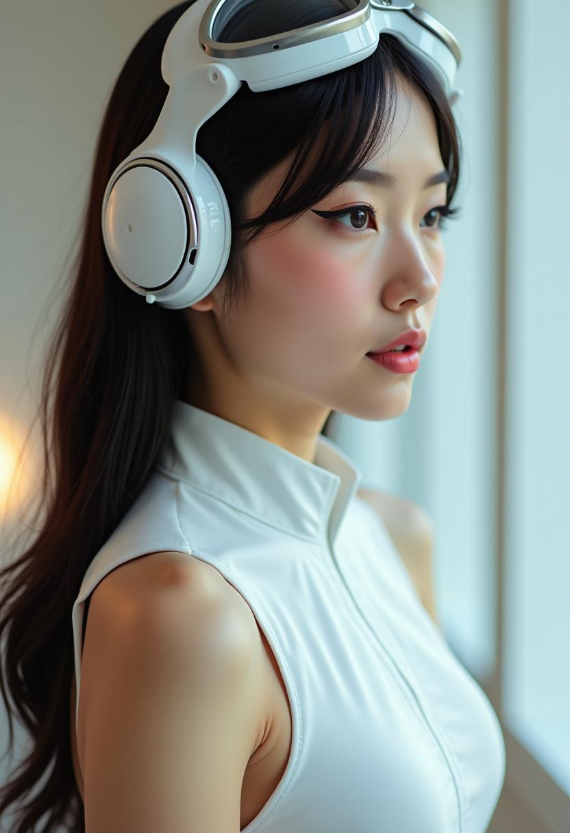 The image features a closeup of a woman's profile, with the following visual elements1. Hairstyle The person has long, dark hair that is styled in a way that it falls over the shoulders and back. The hair appears to be sleek and straight, with a slight sheen, indicating it might be well maintained or styled with a product.2. Makeup The person is wearing makeup, with a focus on the eyes and is asian.There is a winged eyeliner that extends outward from the outer corner of the eye, giving a bold and dramatic look. The eyeshadow is subtle, with a soft peach or coral tone that complements the eyeliner. There is also a touch of blush on the cheeks, adding a natural flush to the skin.3. Headgear The person is wearing a futuristic headpiece that resembles a pair of white goggles with a metallic rim. The goggles are positioned on the forehead, with the earpieces hanging down to the sides of the head. The design of the goggles is sleek and modern, with a hint of technology or perhaps aeronautical inspiration.4. Clothing The person is wearing a white, sleeveless top with a high neckline. The fabric appears to be a lightweight, possibly silky material that drapes smoothly over the shoulders and chest. The top has a simple and elegant design, with no visible embellishments or patterns.5. Background The background is blurred, but it seems to be an indoor space with a neutral color palette, likely a room with white walls or a light colored interior.6. Lighting The lighting in the image is soft and diffused, casting a gentle glow on the subjects face and highlighting the contours of the headpiece and the top. The lighting creates a warm and inviting atmosphere, and it seems to be coming from the side or slightly behind the subject, as indicated by the shadow on the right side of the image.