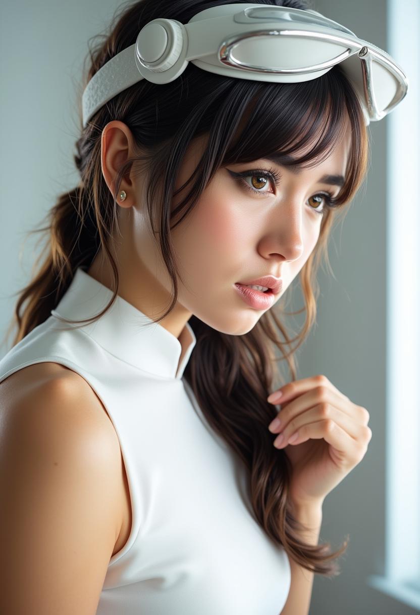 a photo of ANA$, The image features a closeup of a woman's profile, with the following visual elements1. Hairstyle The person has long, dark hair that is styled in a way that it falls over the shoulders and back. The hair appears to be sleek and straight, with a slight sheen, indicating it might be well maintained or styled with a product.2. Makeup The person is wearing makeup, with a focus on the eyes and is asian.There is a winged eyeliner that extends outward from the outer corner of the eye, giving a bold and dramatic look. The eyeshadow is subtle, with a soft peach or coral tone that complements the eyeliner. There is also a touch of blush on the cheeks, adding a natural flush to the skin.3. Headgear The person is wearing a futuristic headpiece that resembles a pair of white goggles with a metallic rim. The goggles are positioned on the forehead, with the earpieces hanging down to the sides of the head. The design of the goggles is sleek and modern, with a hint of technology or perhaps aeronautical inspiration.4. Clothing The person is wearing a white, sleeveless top with a high neckline. The fabric appears to be a lightweight, possibly silky material that drapes smoothly over the shoulders and chest. The top has a simple and elegant design, with no visible embellishments or patterns.5. Background The background is blurred, but it seems to be an indoor space with a neutral color palette, likely a room with white walls or a light colored interior.6. Lighting The lighting in the image is soft and diffused, casting a gentle glow on the subjects face and highlighting the contours of the headpiece and the top. The lighting creates a warm and inviting atmosphere, and it seems to be coming from the side or slightly behind the subject, as indicated by the shadow on the right side of the image.