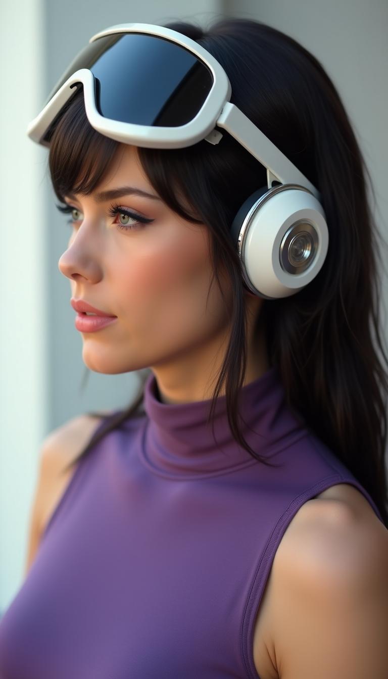 TOKSWIFTIE,  The image features a closeup of a woman's profile, with the following visual elements1. Hairstyle The person has long, dark hair that is styled in a way that it falls over the shoulders and back. The hair appears to be sleek and straight, with a slight sheen, indicating it might be well maintained or styled with a product.2. Makeup The person is wearing makeup, with a focus on the eyes.There is a winged eyeliner that extends outward from the outer corner of the eye, giving a bold and dramatic look. The eyeshadow is subtle, with a soft peach or coral tone that complements the eyeliner. There is also a touch of blush on the cheeks, adding a natural flush to the skin.3. Headgear The person is wearing a futuristic headpiece that resembles a pair of white goggles with a metallic rim. The goggles are positioned on the forehead, with the earpieces hanging down to the sides of the head. The design of the goggles is sleek and modern, with a hint of technology or perhaps aeronautical inspiration.4. Clothing The person is wearing a purple, sleeveless top with a high neckline. The fabric appears to be a lightweight, possibly silky material that drapes smoothly over the shoulders and large chest. The top has a simple and elegant design, with no visible embellishments or patterns.5. Background The background is blurred, but it seems to be an indoor space with a neutral color palette, likely a room with white walls or a light colored interior.6. Lighting The lighting in the image is soft and diffused, casting a gentle glow on the subjects face and highlighting the contours of the headpiece and the top. The lighting creates a warm and inviting atmosphere, and it seems to be coming from the side or slightly behind the subject, as indicated by the shadow on the right side of the image.