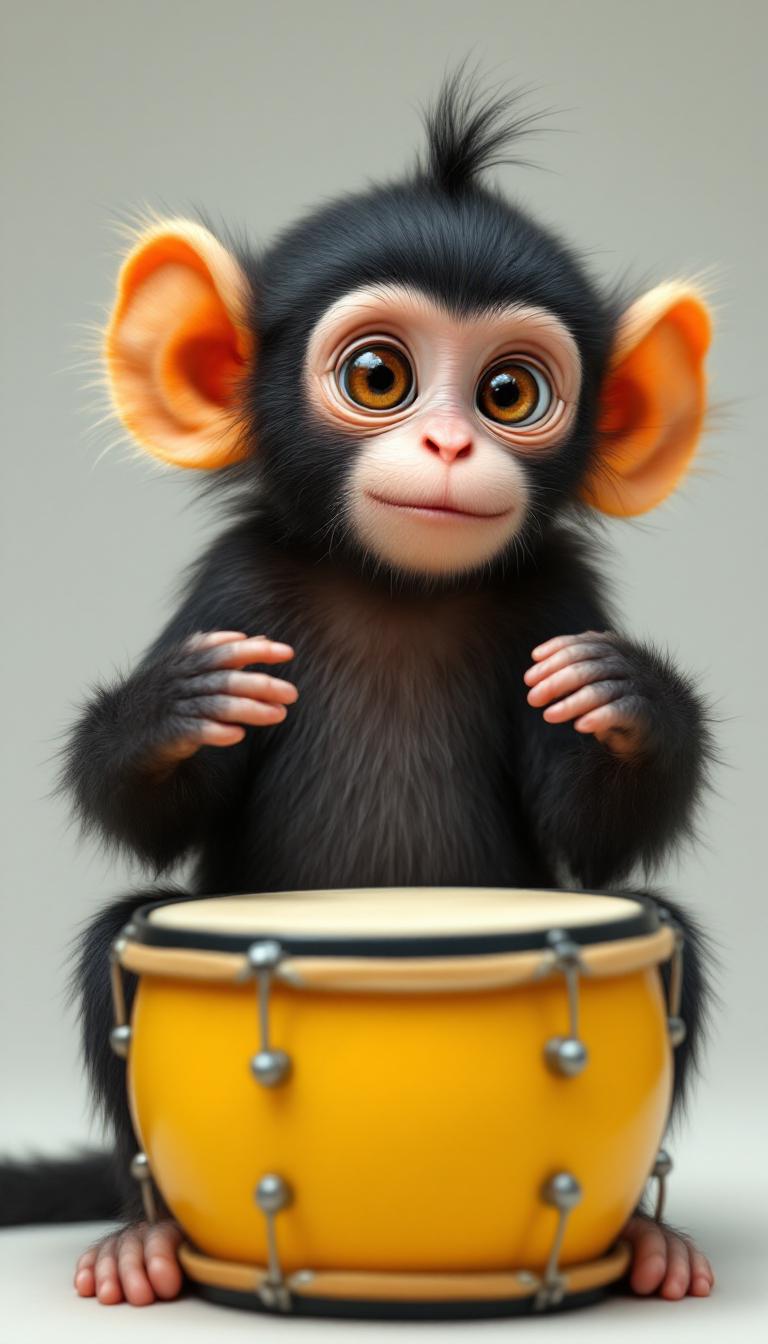 The image features a young monkey with the following visual elements1. Color and Texture of the Monkeys Fur The monkey has a predominantly black coat with lighter shades on its face and ears. The fur appears soft and fluffy, with individual strands of hair visible.2. Ears The monkey has large, floppy ears with a golden hue, which contrast with the darker color of the rest of its head.3. Eyes The monkey has large, expressive eyes with a reddish brown iris and a hint of white around the edges, giving them a somewhat humanlike appearance.4. Hands and Feet The monkeys hands and feet are raised in a gesturing manner. The hands are positioned near its chest, with fingers slightly curled, and the feet are placed on the ground, with toes slightly curled.5. Expression The monkey has a surprised or startled expression, with wide eyes and a slightly open mouth.6. Drum In front of the monkey is a small, yellow snare drum with a black rim and tension rods. The drums head appears to be made of a natural material, possibly skin, with a visible grain pattern.7. Background The background is blurred, but it seems to be a natural outdoor setting with earthy tones and hints of greenery, suggesting the monkey is in a forest or a similar environment.8. Lighting The lighting in the image is soft and natural, with a warm tone that highlights the monkey and the drum, creating a gentle contrast against the darker background.9.Composition The monkey is positioned centrally in the frame, with the drum slightly to the right, creating a balanced composition that draws the viewers attention to the subject.