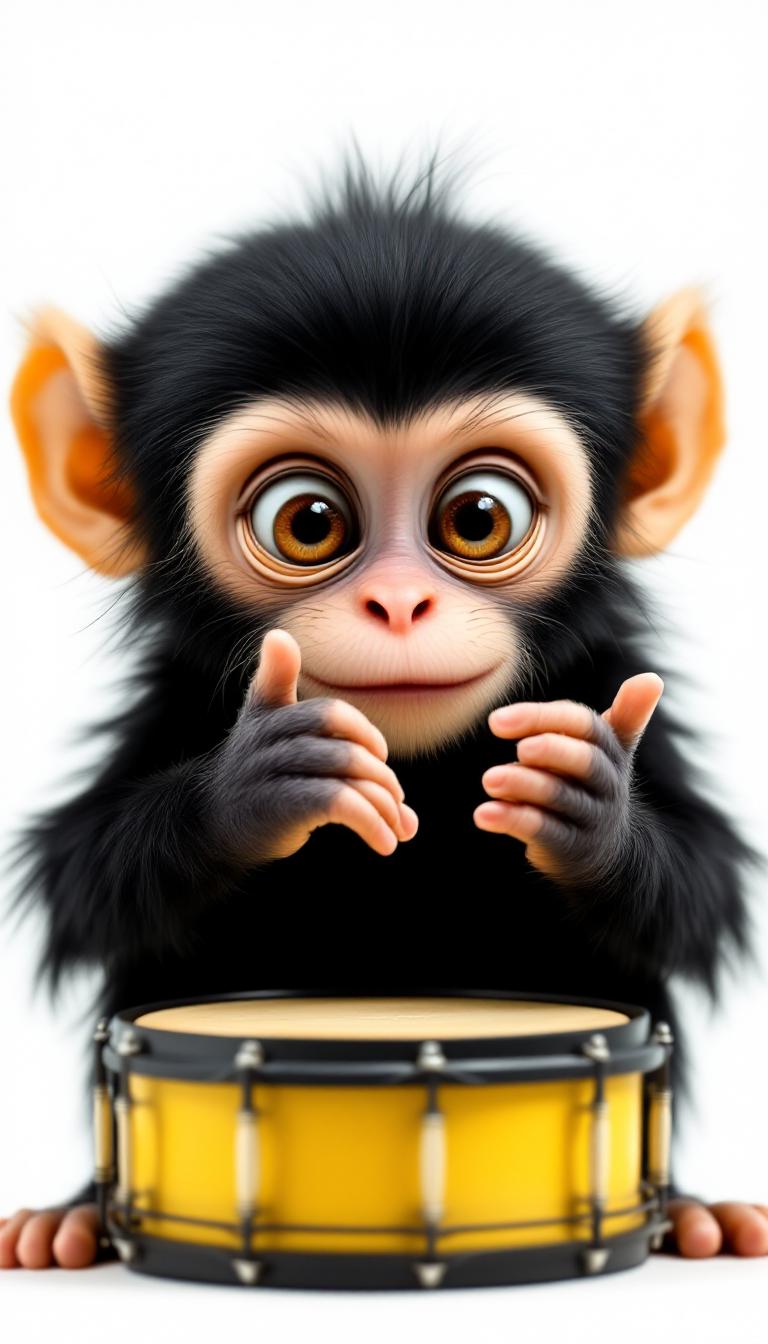 The image features a young monkey with the following visual elements1. Color and Texture of the Monkeys Fur The monkey has a predominantly black coat with lighter shades on its face and ears. The fur appears soft and fluffy, with individual strands of hair visible.2. Ears The monkey has large, floppy ears with a golden hue, which contrast with the darker color of the rest of its head.3. Eyes The monkey has large, expressive eyes with a reddish brown iris and a hint of white around the edges, giving them a somewhat humanlike appearance.4. Hands and Feet The monkeys hands and feet are raised in a gesturing manner. The hands are positioned near its chest, with fingers slightly curled, and the feet are placed on the ground, with toes slightly curled.5. Expression The monkey has a surprised or startled expression, with wide eyes and a slightly open mouth.6. Drum In front of the monkey is a small, yellow snare drum with a black rim and tension rods. The drums head appears to be made of a natural material, possibly skin, with a visible grain pattern.7. Background The background is blurred, but it seems to be a natural outdoor setting with earthy tones and hints of greenery, suggesting the monkey is in a forest or a similar environment.8. Lighting The lighting in the image is soft and natural, with a warm tone that highlights the monkey and the drum, creating a gentle contrast against the darker background.9.Composition The monkey is positioned centrally in the frame, with the drum slightly to the right, creating a balanced composition that draws the viewers attention to the subject.