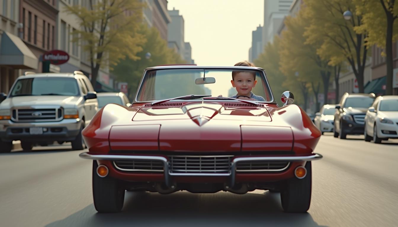 A 2 year old drives a mini 1963 corvette converible in a city street.