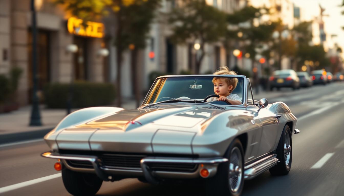 A 2 year old drives a mini 1963 corvette converible in a city street.