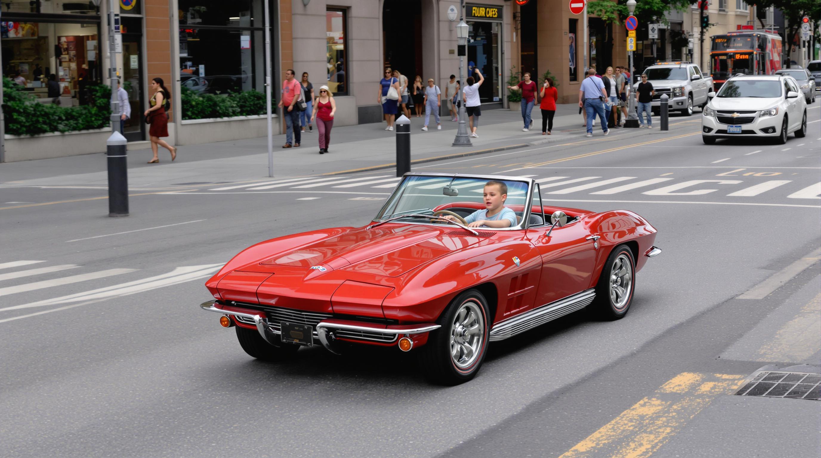 A 2 year old drives a mini 1963 corvette converible in a city street.