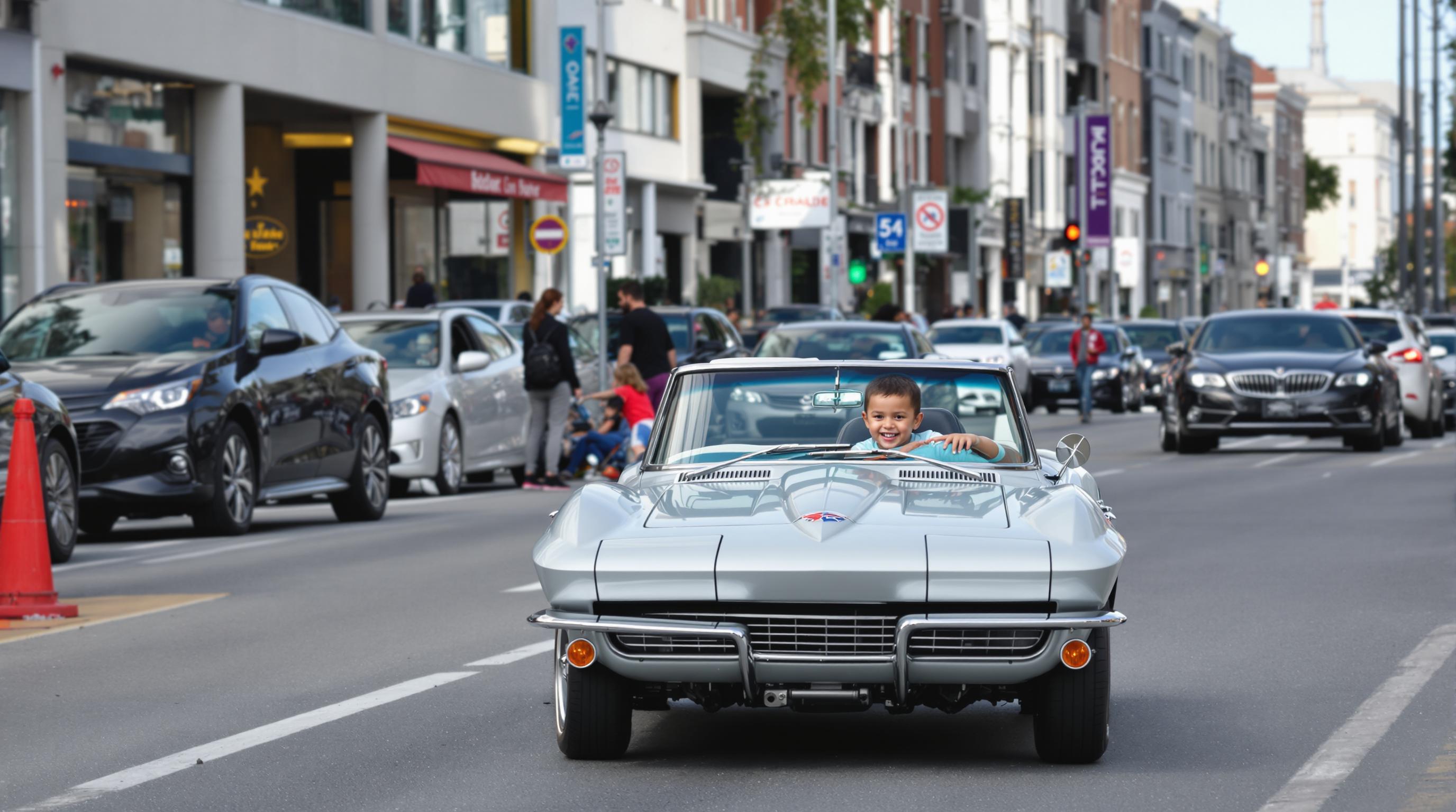 A 2 year old drives a mini 1963 corvette converible in a city street.