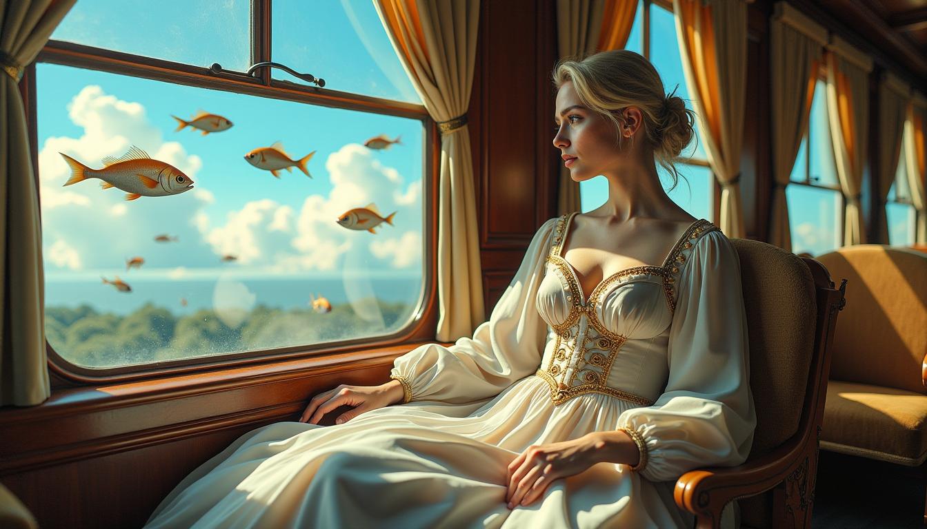 This photo high detail image features a woman in  surreal and dreamlike quality, with several visual elements that contribute to its fantastical atmosphere1. The Setting The scene takes place inside what appears to be a luxurious, old fashioned train carriage. The carriage has large, arched windows that frame the view of the outside world.2. The Window View Through the windows, we see a sky that is a gradient of blue, transitioning from a light, almost ethereal blue at the top to a deeper, more vibrant blue at the bottom. Floating in the sky are numerous fish, of various sizes and colors, which adds a sense of whimsy and fantasy to the scene.3. The Fish The fish are rendered in a lifelike manner, with detailed scales and fins, and they are depicted in mid flight, which is an unusual and imaginative element.4. The Train Interior The interior of the train carriage is richly detailed, with ornate wood paneling and metal fixtures that give it a sense of antiquity and elegance. The seats are upholstered in a fabric that has a golden sheen, and the armrests are adorned with intricate golden patterns.5. The Lady The focal point of the image is a woman dressed in a flowing, elegant gown with long sleeves and a fitted bodice. The dress is adorned with golden embellishments and beading, and the fabric drapes gracefully around her figure. Her blonde  hair is styled in an updo with loose tendrils framing her face, and she has a contemplative expression.6. Lighting The lighting in the scene is soft and warm, with a golden hue that filters through the windows and highlights the textures and details of the scene. The light creates a play of shadows and highlights that give depth to the image.7. Color Palette The color palette is rich and varied, with a predominance of blues, golds, and earthy tones that create a harmonious and visually pleasing contrast.8. Composition The composition of the image is balanced, with the woman positioned centrally and the train carriage and fish providing a sense of depth and context. The perspective is slightly skewed, with the windows and the curvature of the train carriage adding to the dreamlike quality.9. Atmosphere Overall, the image has a dreamy and otherworldly atmosphere, inviting the viewer to step into a fantastical world where the ordinary is turned upside down.10. Textures The textures in the image are varied, from the smooth, reflective surfaces of the train carriage to the roughness of the womans dress and the scales of the fish, each contributing to the tactile sensation of the scene.These elements come together to create a visually striking and thought provoking image that blurs the lines between reality and fantasy.