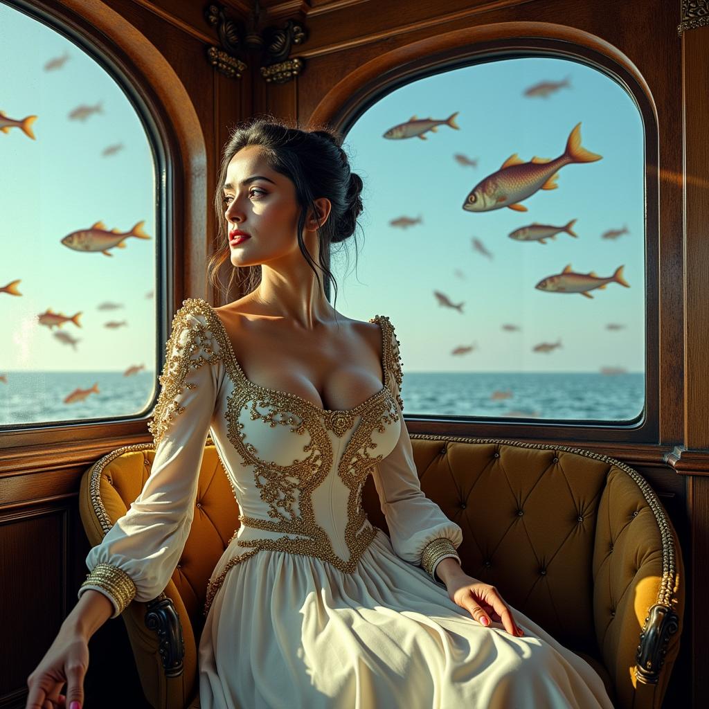 a photo of SH72, This photo high detail image features a woman in  surreal and dreamlike quality, with several visual elements that contribute to its fantastical atmosphere1. The Setting The scene takes place inside what appears to be a luxurious, old fashioned train carriage. The carriage has large, arched windows that frame the view of the outside world.2. The Window View Through the windows, we see a sky that is a gradient of blue, transitioning from a light, almost ethereal blue at the top to a deeper, more vibrant blue at the bottom. Floating in the sky are numerous fish, of various sizes and colors, which adds a sense of whimsy and fantasy to the scene.3. The Fish The fish are rendered in a lifelike manner, with detailed scales and fins, and they are depicted in mid flight, which is an unusual and imaginative element.4. The Train Interior The interior of the train carriage is richly detailed, with ornate wood paneling and metal fixtures that give it a sense of antiquity and elegance. The seats are upholstered in a fabric that has a golden sheen, and the armrests are adorned with intricate golden patterns.5. The Lady The focal point of the image is a woman dressed in a flowing, elegant gown with long sleeves and a fitted bodice. The dress is adorned with golden embellishments and beading, and the fabric drapes gracefully around her figure. Her hair is styled in an updo with loose tendrils framing her face, and she has a contemplative expression.6. Lighting The lighting in the scene is soft and warm, with a golden hue that filters through the windows and highlights the textures and details of the scene. The light creates a play of shadows and highlights that give depth to the image.7. Color Palette The color palette is rich and varied, with a predominance of blues, golds, and earthy tones that create a harmonious and visually pleasing contrast.8. Composition The composition of the image is balanced, with the woman positioned centrally and the train carriage and fish providing a sense of depth and context. The perspective is slightly skewed, with the windows and the curvature of the train carriage adding to the dreamlike quality.9. Atmosphere Overall, the image has a dreamy and otherworldly atmosphere, inviting the viewer to step into a fantastical world where the ordinary is turned upside down.10. Textures The textures in the image are varied, from the smooth, reflective surfaces of the train carriage to the roughness of the womans dress and the scales of the fish, each contributing to the tactile sensation of the scene.These elements come together to create a visually striking and thought provoking image that blurs the lines between reality and fantasy.