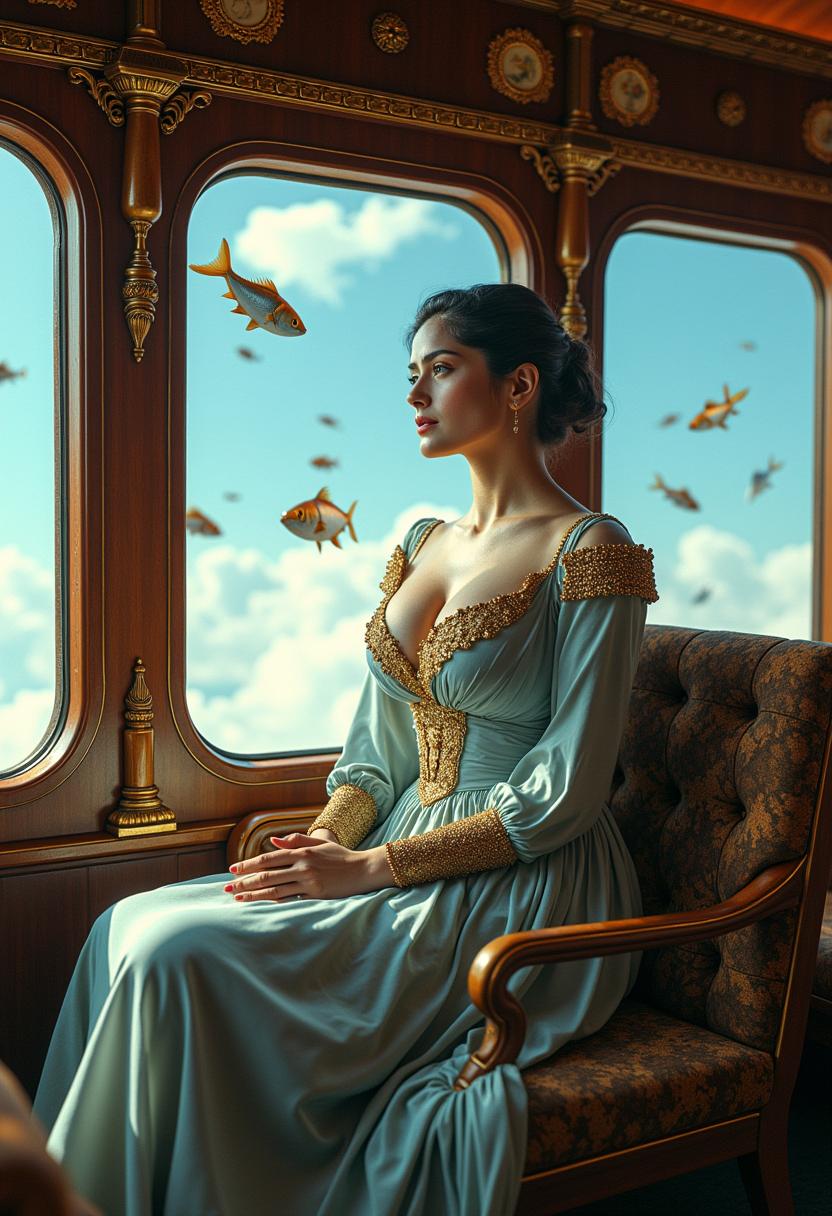 a photo of SH72, This photo high detail image features a woman in  surreal and dreamlike quality, with several visual elements that contribute to its fantastical atmosphere1. The Setting The scene takes place inside what appears to be a luxurious, old fashioned train carriage. The carriage has large, arched windows that frame the view of the outside world.2. The Window View Through the windows, we see a sky that is a gradient of blue, transitioning from a light, almost ethereal blue at the top to a deeper, more vibrant blue at the bottom. Floating in the sky are numerous fish, of various sizes and colors, which adds a sense of whimsy and fantasy to the scene.3. The Fish The fish are rendered in a lifelike manner, with detailed scales and fins, and they are depicted in mid flight, which is an unusual and imaginative element.4. The Train Interior The interior of the train carriage is richly detailed, with ornate wood paneling and metal fixtures that give it a sense of antiquity and elegance. The seats are upholstered in a fabric that has a golden sheen, and the armrests are adorned with intricate golden patterns.5. The Lady The focal point of the image is a woman dressed in a flowing, elegant gown with long sleeves and a fitted bodice. The dress is adorned with golden embellishments and beading, and the fabric drapes gracefully around her figure. Her hair is styled in an updo with loose tendrils framing her face, and she has a contemplative expression.6. Lighting The lighting in the scene is soft and warm, with a golden hue that filters through the windows and highlights the textures and details of the scene. The light creates a play of shadows and highlights that give depth to the image.7. Color Palette The color palette is rich and varied, with a predominance of blues, golds, and earthy tones that create a harmonious and visually pleasing contrast.8. Composition The composition of the image is balanced, with the woman positioned centrally and the train carriage and fish providing a sense of depth and context. The perspective is slightly skewed, with the windows and the curvature of the train carriage adding to the dreamlike quality.9. Atmosphere Overall, the image has a dreamy and otherworldly atmosphere, inviting the viewer to step into a fantastical world where the ordinary is turned upside down.10. Textures The textures in the image are varied, from the smooth, reflective surfaces of the train carriage to the roughness of the womans dress and the scales of the fish, each contributing to the tactile sensation of the scene.These elements come together to create a visually striking and thought provoking image that blurs the lines between reality and fantasy.