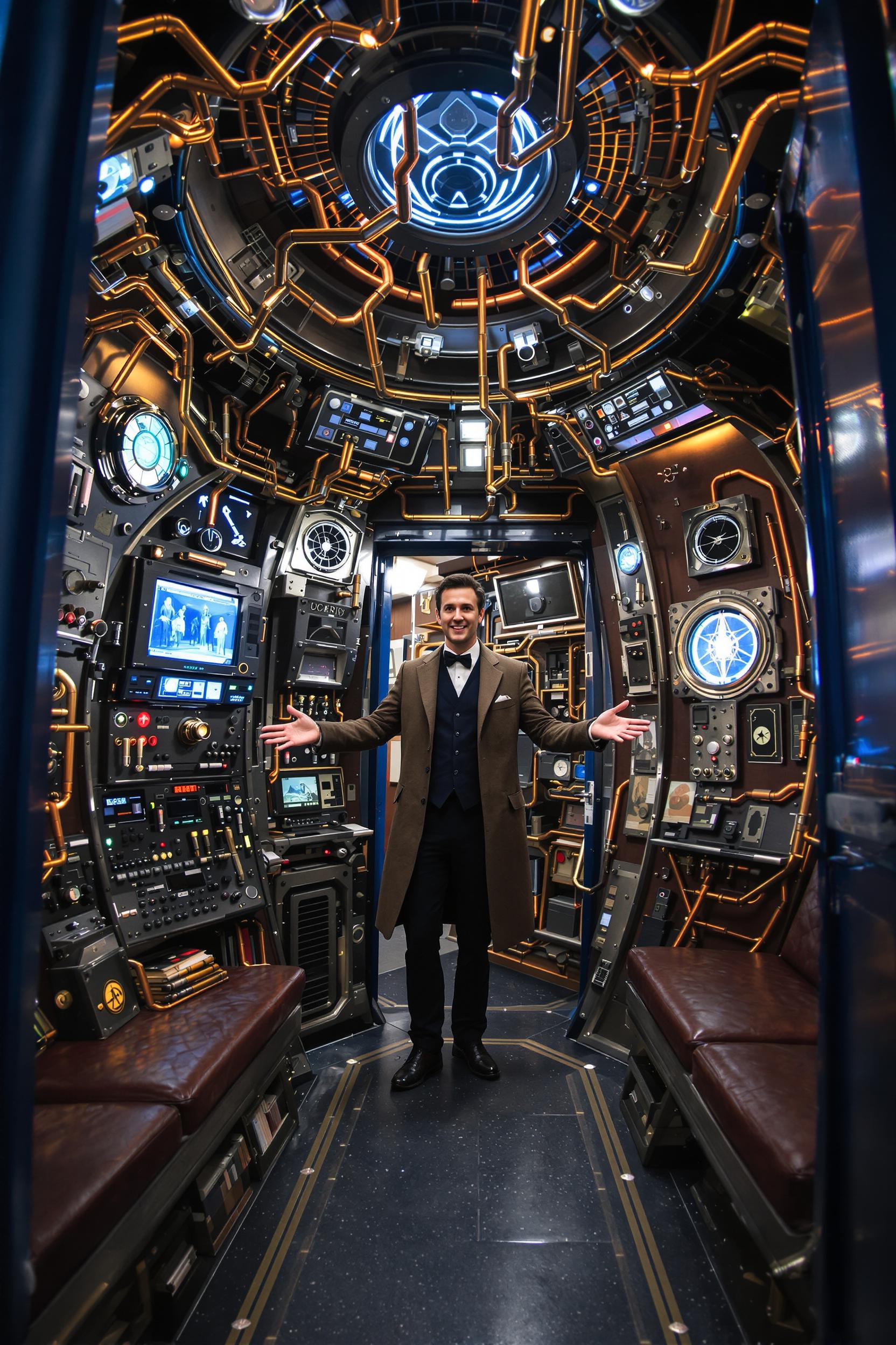 An **intricate interior** of the TARDIS from *Doctor Who*, with a **timeless, retro-futuristic aesthetic** reminiscent of the 1960s design with modern technological elements. The **lighting** should be **soft**, casting **warm, ambient glows** from various control panels, dials, and screens. **Textures** include **brushed metal** for the central console, **soft, worn leather** for the seats, and **vintage wood** for the walls, giving a **lived-in, yet otherworldly feel**. 

- **Visual Details**: 
  - **The central console** is a maze of **antique controls**, **steampunk levers**, and **futuristic screens**, all interconnected with **copper wiring** and **glowing tubes**.
  - **The roundels** on the walls emit a **gentle blue light**, suggesting a **mystical energy source**.
  - **Books, gadgets, and alien artifacts** are scattered around, indicating the Doctor's travels through time and space.
  
- **Composition**: 
  - **Doctor Who** stands slightly to the left, near the console, **facing the viewer** with a **welcoming, excited expression**, hands outstretched as if inviting us into adventure.
  - **Camera Angle**: A **low angle** shot from inside the TARDIS looking up towards the Doctor, emphasizing his **commanding yet approachable presence**.
  - **Framing**: The **TARDIS interior** fills the frame, with the door ajar behind the Doctor, hinting at the **exterior London street scene**.

- **Mood and Atmosphere**: 
  - **The atmosphere** is **intimate and mysterious**, with a **sense of endless possibilities** and **adventure**. 
  - **Time of Day**: Indeterminate, but the **lighting suggests early evening or dusk**, blending reality with the TARDIS's otherworldly environment.

- **Technical Aspects**: 
  - **Artistic Style**: Blend of **retro-futurism**, **Victorian steampunk**, and **modern sci-fi aesthetics**.
  - **Photography Technique**: Use **shallow depth of field** to focus on the Doctor while the intricate background details blur slightly, creating a **dreamlike quality**. 
  - **Color Palette**: **Muted blues, coppers, and soft whites** with **vibrant accents** from the controls and screens.

Matt Smith as the Doctor.