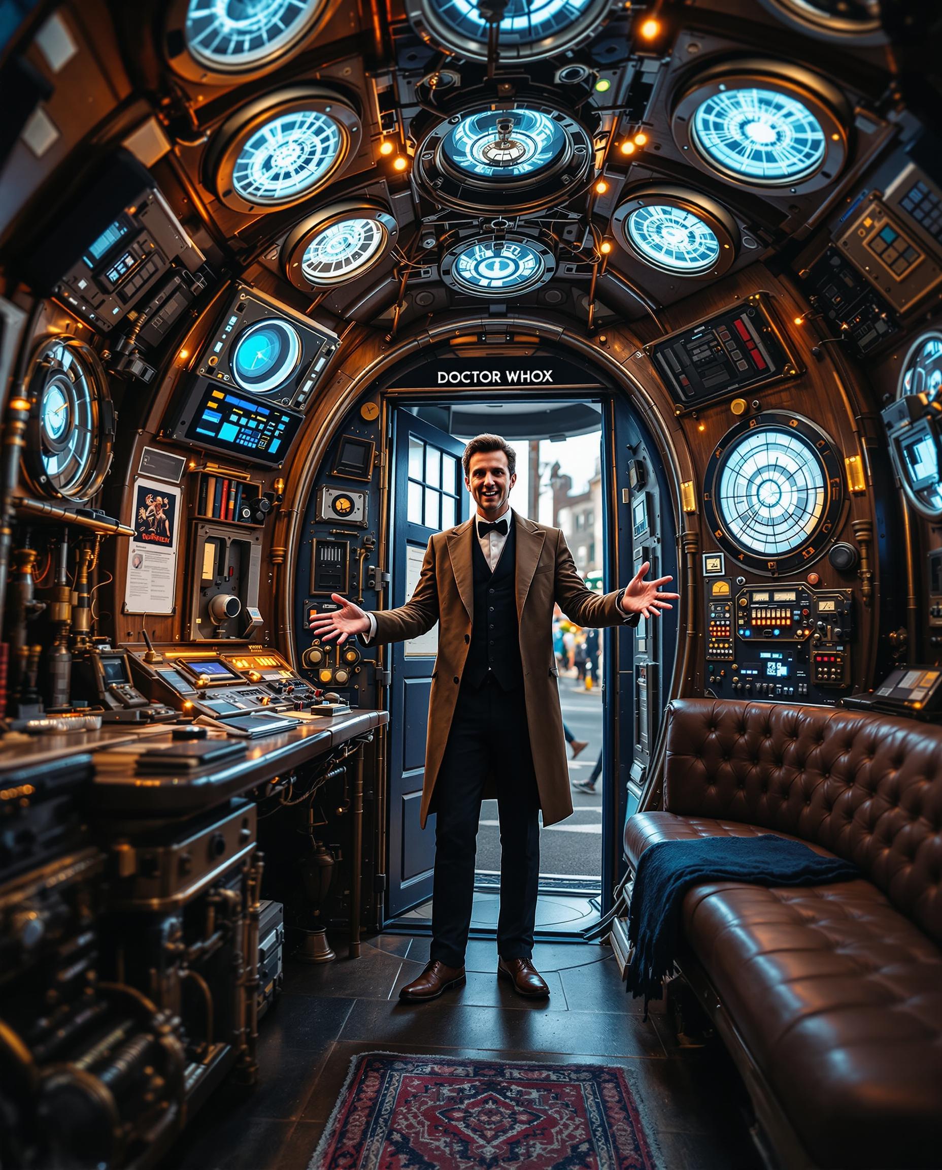 An **intricate interior** of the TARDIS from *Doctor Who*, with a **timeless, retro-futuristic aesthetic** reminiscent of the 1960s design with modern technological elements. The **lighting** should be **soft**, casting **warm, ambient glows** from various control panels, dials, and screens. **Textures** include **brushed metal** for the central console, **soft, worn leather** for the seats, and **vintage wood** for the walls, giving a **lived-in, yet otherworldly feel**. 

- **Visual Details**: 
  - **The central console** is a maze of **antique controls**, **steampunk levers**, and **futuristic screens**, all interconnected with **copper wiring** and **glowing tubes**.
  - **The roundels** on the walls emit a **gentle blue light**, suggesting a **mystical energy source**.
  - **Books, gadgets, and alien artifacts** are scattered around, indicating the Doctor's travels through time and space.
  
- **Composition**: 
  - **Doctor Who** stands slightly to the left, near the console, **facing the viewer** with a **welcoming, excited expression**, hands outstretched as if inviting us into adventure.
  - **Camera Angle**: A **low angle** shot from inside the TARDIS looking up towards the Doctor, emphasizing his **commanding yet approachable presence**.
  - **Framing**: The **TARDIS interior** fills the frame, with the door ajar behind the Doctor, hinting at the **exterior London street scene**.

- **Mood and Atmosphere**: 
  - **The atmosphere** is **intimate and mysterious**, with a **sense of endless possibilities** and **adventure**. 
  - **Time of Day**: Indeterminate, but the **lighting suggests early evening or dusk**, blending reality with the TARDIS's otherworldly environment.

- **Technical Aspects**: 
  - **Artistic Style**: Blend of **retro-futurism**, **Victorian steampunk**, and **modern sci-fi aesthetics**.
  - **Photography Technique**: Use **shallow depth of field** to focus on the Doctor while the intricate background details blur slightly, creating a **dreamlike quality**. 
  - **Color Palette**: **Muted blues, coppers, and soft whites** with **vibrant accents** from the controls and screens.

Matt Smith as the Doctor.