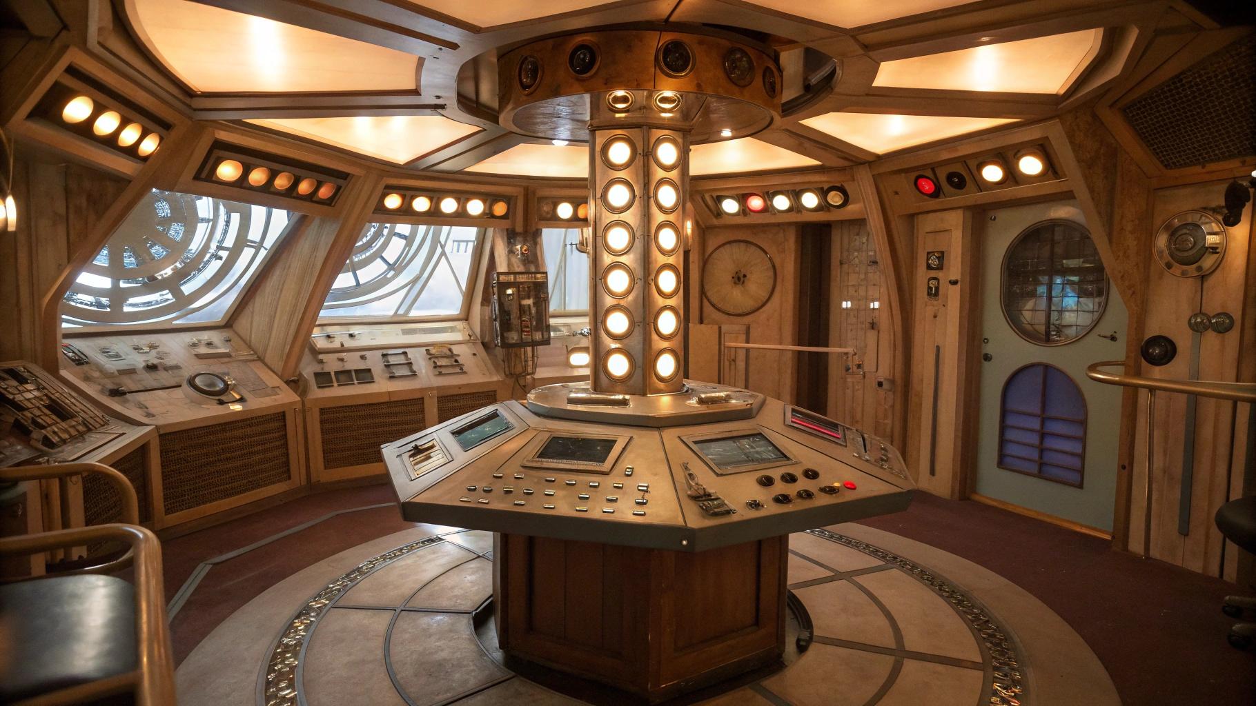 An **intricate interior** of the TARDIS from *Doctor Who*, with a **timeless, retro-futuristic aesthetic** reminiscent of the 1960s design with modern technological elements. The **lighting** should be **soft**, casting **warm, ambient glows** from various control panels, dials, and screens. **Textures** include **brushed metal** for the central console, **soft, worn leather** for the seats, and **vintage wood** for the walls, giving a **lived-in, yet otherworldly feel**. - **Visual Details**: - **The central console** is a maze of **antique controls**, **steampunk levers**, and **futuristic screens**, all interconnected with **copper wiring** and **glowing tubes**. - **The roundels** on the walls emit a **gentle blue light**, suggesting a **mystical energy source**. - **Books, gadgets, and alien artifacts** are scattered around, indicating the Doctor's travels through time and space. - **Composition**: - **Doctor Who** stands slightly to the left, near the console, **facing the viewer** with a **welcoming, excited expression**, hands outstretched as if inviting us into adventure. - **Camera Angle**: A **low angle** shot from inside the TARDIS looking up towards the Doctor, emphasizing his **commanding yet approachable presence**. - **Framing**: The **TARDIS interior** fills the frame, with the door ajar behind the Doctor, hinting at the **exterior London street scene**. - **Mood and Atmosphere**: - **The atmosphere** is **intimate and mysterious**, with a **sense of endless possibilities** and **adventure**. - **Time of Day**: Indeterminate, but the **lighting suggests early evening or dusk**, blending reality with the TARDIS's otherworldly environment. - **Technical Aspects**: - **Artistic Style**: Blend of **retro-futurism**, **Victorian steampunk**, and **modern sci-fi aesthetics**. - **Photography Technique**: Use **shallow depth of field** to focus on the Doctor while the intricate background details blur slightly, creating a **dreamlike quality**. - **Color Palette**: **Muted blues, coppers, and soft whites** with **vibrant accents** from the controls and screens. Matt Smith as the Doctor.