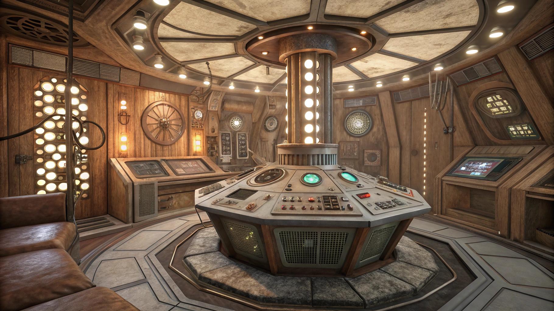 An **intricate interior** of the TARDIS from *Doctor Who*, with a **timeless, retro-futuristic aesthetic** reminiscent of the 1960s design with modern technological elements. The **lighting** should be **soft**, casting **warm, ambient glows** from various control panels, dials, and screens. **Textures** include **brushed metal** for the central console, **soft, worn leather** for the seats, and **vintage wood** for the walls, giving a **lived-in, yet otherworldly feel**. - **Visual Details**: - **The central console** is a maze of **antique controls**, **steampunk levers**, and **futuristic screens**, all interconnected with **copper wiring** and **glowing tubes**. - **The roundels** on the walls emit a **gentle blue light**, suggesting a **mystical energy source**. - **Books, gadgets, and alien artifacts** are scattered around, indicating the Doctor's travels through time and space. - **Composition**: - **Doctor Who** stands slightly to the left, near the console, **facing the viewer** with a **welcoming, excited expression**, hands outstretched as if inviting us into adventure. - **Camera Angle**: A **low angle** shot from inside the TARDIS looking up towards the Doctor, emphasizing his **commanding yet approachable presence**. - **Framing**: The **TARDIS interior** fills the frame, with the door ajar behind the Doctor, hinting at the **exterior London street scene**. - **Mood and Atmosphere**: - **The atmosphere** is **intimate and mysterious**, with a **sense of endless possibilities** and **adventure**. - **Time of Day**: Indeterminate, but the **lighting suggests early evening or dusk**, blending reality with the TARDIS's otherworldly environment. - **Technical Aspects**: - **Artistic Style**: Blend of **retro-futurism**, **Victorian steampunk**, and **modern sci-fi aesthetics**. - **Photography Technique**: Use **shallow depth of field** to focus on the Doctor while the intricate background details blur slightly, creating a **dreamlike quality**. - **Color Palette**: **Muted blues, coppers, and soft whites** with **vibrant accents** from the controls and screens. Matt Smith as the Doctor.