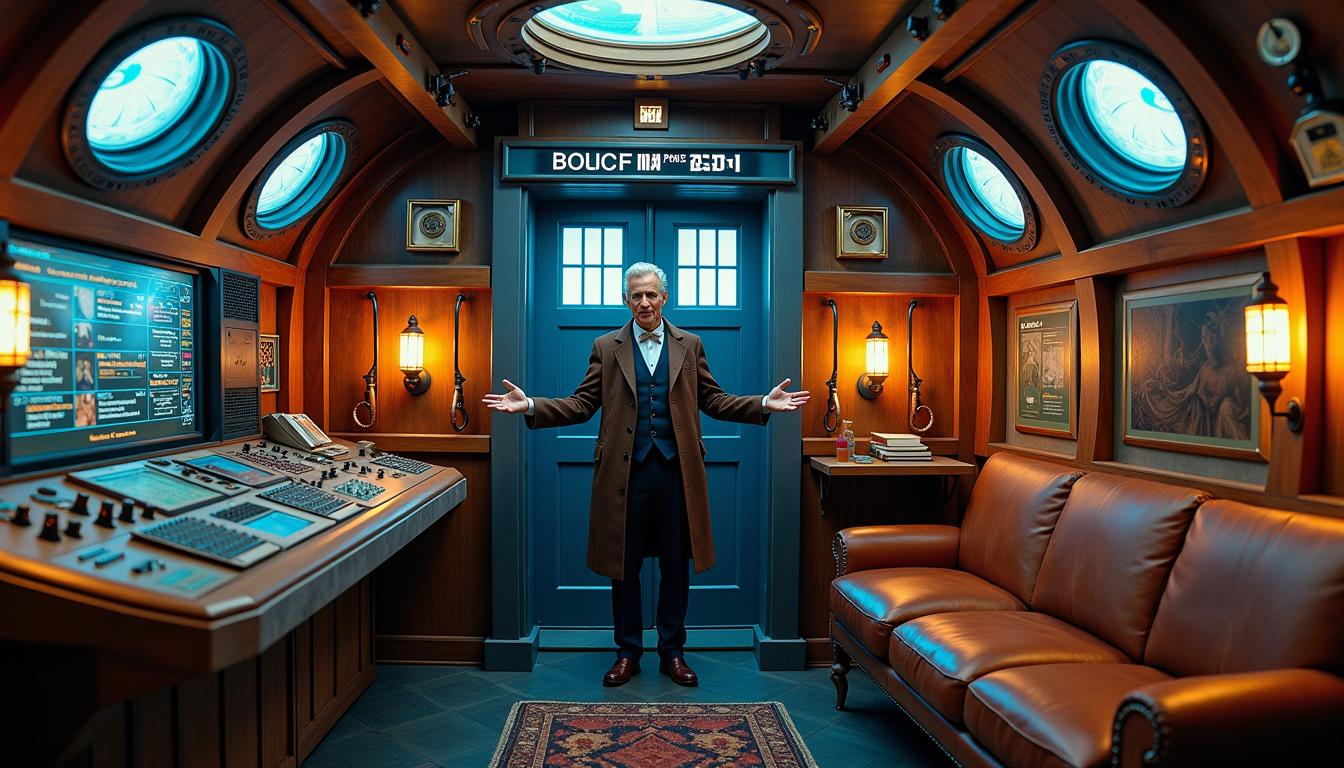 An **intricate interior** of the TARDIS from *Doctor Who*, with a **timeless, retro-futuristic aesthetic** reminiscent of the 1960s design with modern technological elements. The **lighting** should be **soft**, casting **warm, ambient glows** from various control panels, dials, and screens. **Textures** include **brushed metal** for the central console, **soft, worn leather** for the seats, and **vintage wood** for the walls, giving a **lived-in, yet otherworldly feel**. - **Visual Details**: - **The central console** is a maze of **antique controls**, **steampunk levers**, and **futuristic screens**, all interconnected with **copper wiring** and **glowing tubes**. - **The roundels** on the walls emit a **gentle blue light**, suggesting a **mystical energy source**. - **Books, gadgets, and alien artifacts** are scattered around, indicating the Doctor's travels through time and space. - **Composition**: - **Doctor Who** stands slightly to the left, near the console, **facing the viewer** with a **welcoming, excited expression**, hands outstretched as if inviting us into adventure. - **Camera Angle**: A **low angle** shot from inside the TARDIS looking up towards the Doctor, emphasizing his **commanding yet approachable presence**. - **Framing**: The **TARDIS interior** fills the frame, with the door ajar behind the Doctor, hinting at the **exterior London street scene**. - **Mood and Atmosphere**: - **The atmosphere** is **intimate and mysterious**, with a **sense of endless possibilities** and **adventure**. - **Time of Day**: Indeterminate, but the **lighting suggests early evening or dusk**, blending reality with the TARDIS's otherworldly environment. - **Technical Aspects**: - **Artistic Style**: Blend of **retro-futurism**, **Victorian steampunk**, and **modern sci-fi aesthetics**. - **Photography Technique**: Use **shallow depth of field** to focus on the Doctor while the intricate background details blur slightly, creating a **dreamlike quality**. - **Color Palette**: **Muted blues, coppers, and soft whites** with **vibrant accents** from the controls and screens. Matt Smith as the Doctor.