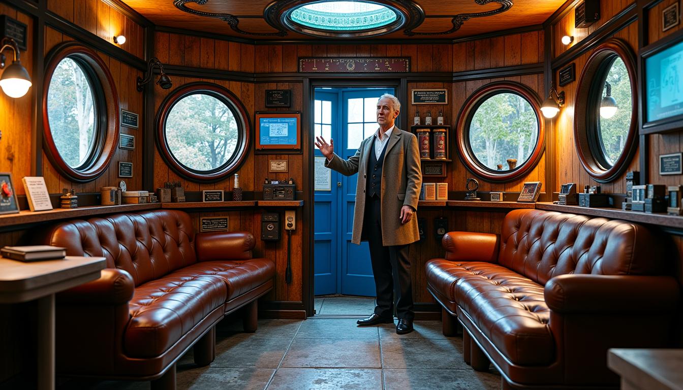a photo of SH72, An **intricate interior** of the TARDIS from *Doctor Who*, with a **timeless, retro-futuristic aesthetic** reminiscent of the 1960s design with modern technological elements. The **lighting** should be **soft**, casting **warm, ambient glows** from various control panels, dials, and screens. **Textures** include **brushed metal** for the central console, **soft, worn leather** for the seats, and **vintage wood** for the walls, giving a **lived-in, yet otherworldly feel**. - **Visual Details**: - **The central console** is a maze of **antique controls**, **steampunk levers**, and **futuristic screens**, all interconnected with **copper wiring** and **glowing tubes**. - **The roundels** on the walls emit a **gentle blue light**, suggesting a **mystical energy source**. - **Books, gadgets, and alien artifacts** are scattered around, indicating the Doctor's travels through time and space. - **Composition**: - **Doctor Who** stands slightly to the left, near the console, **facing the viewer** with a **welcoming, excited expression**, hands outstretched as if inviting us into adventure. - **Camera Angle**: A **low angle** shot from inside the TARDIS looking up towards the Doctor, emphasizing his **commanding yet approachable presence**. - **Framing**: The **TARDIS interior** fills the frame, with the door ajar behind the Doctor, hinting at the **exterior London street scene**. - **Mood and Atmosphere**: - **The atmosphere** is **intimate and mysterious**, with a **sense of endless possibilities** and **adventure**. - **Time of Day**: Indeterminate, but the **lighting suggests early evening or dusk**, blending reality with the TARDIS's otherworldly environment. - **Technical Aspects**: - **Artistic Style**: Blend of **retro-futurism**, **Victorian steampunk**, and **modern sci-fi aesthetics**. - **Photography Technique**: Use **shallow depth of field** to focus on the Doctor while the intricate background details blur slightly, creating a **dreamlike quality**. - **Color Palette**: **Muted blues, coppers, and soft whites** with **vibrant accents** from the controls and screens. Salma Hayek as the Doctor.
