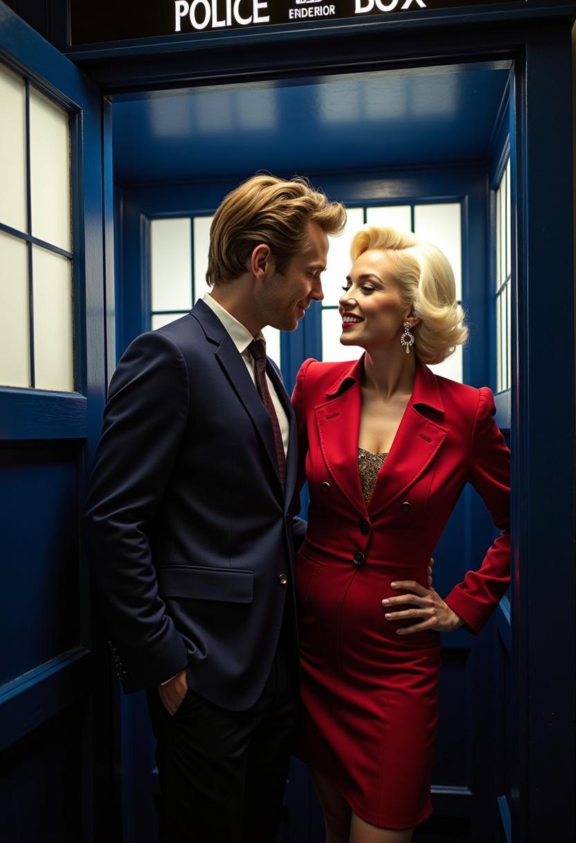 Doctor Who "Matt Smith" and Marilyn Monroe are inside the Tardis.