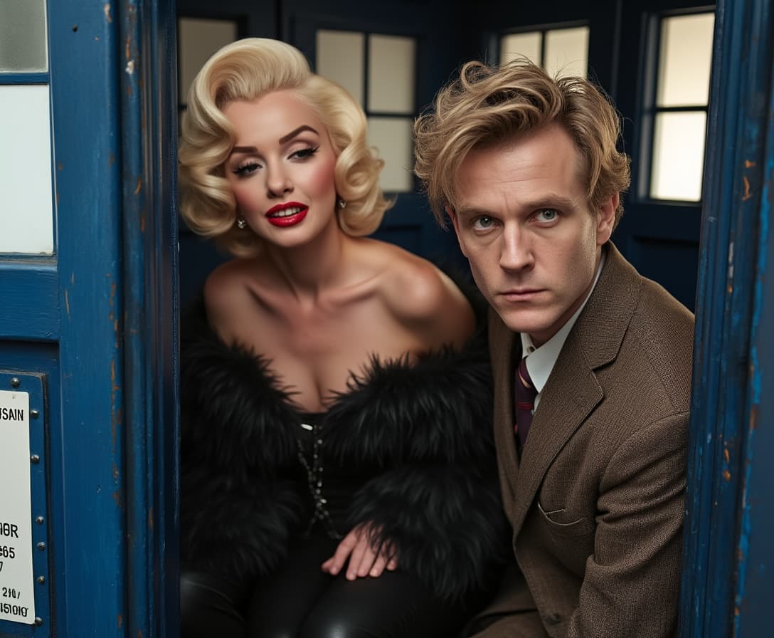 Doctor Who "Matt Smith" and Marilyn Monroe are inside the Tardis.
