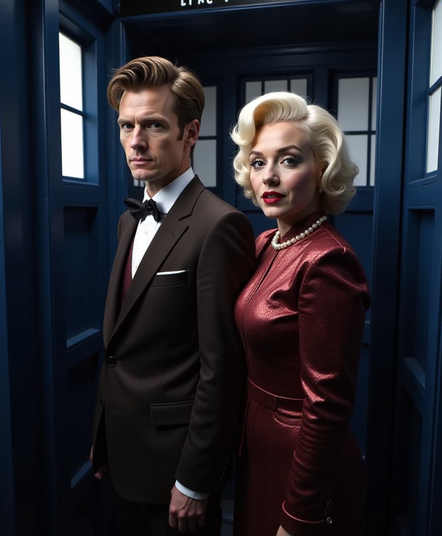 Doctor Who "Matt Smith" and Marilyn Monroe are inside the Tardis.