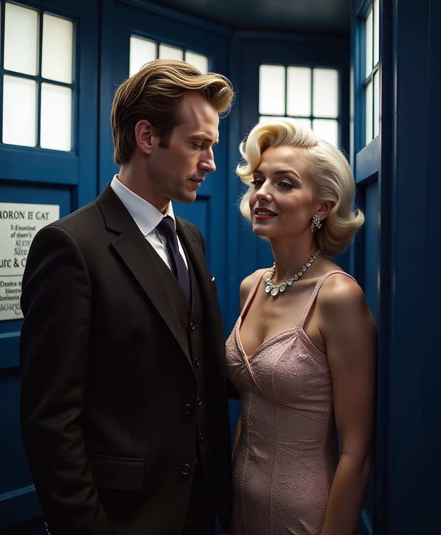 Doctor Who "Matt Smith" and Marilyn Monroe are inside the Tardis.