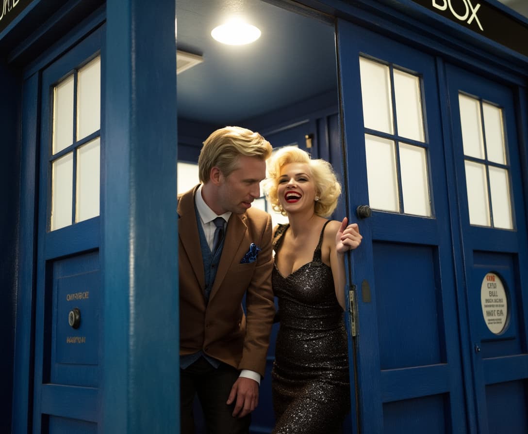 Doctor Who "Matt Smith" and Marilyn Monroe are inside the Tardis.