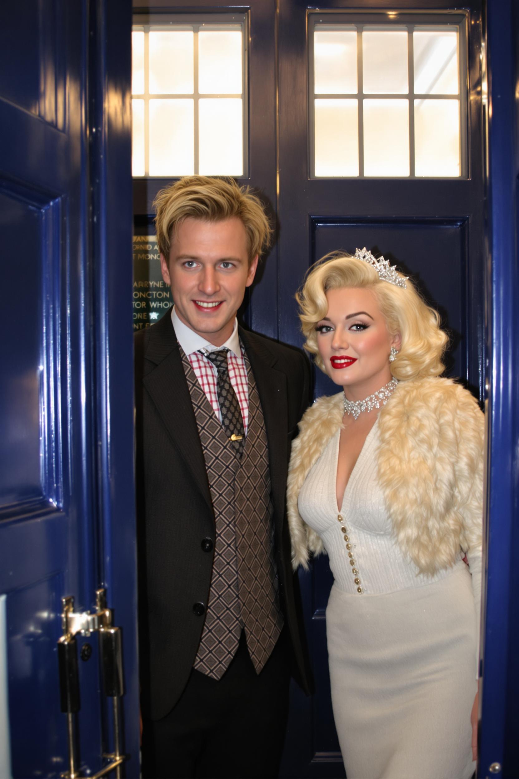 a photo of Marilyn Monroe, Doctor Who "Matt Smith" and Marilyn Monroe are inside the Tardis.