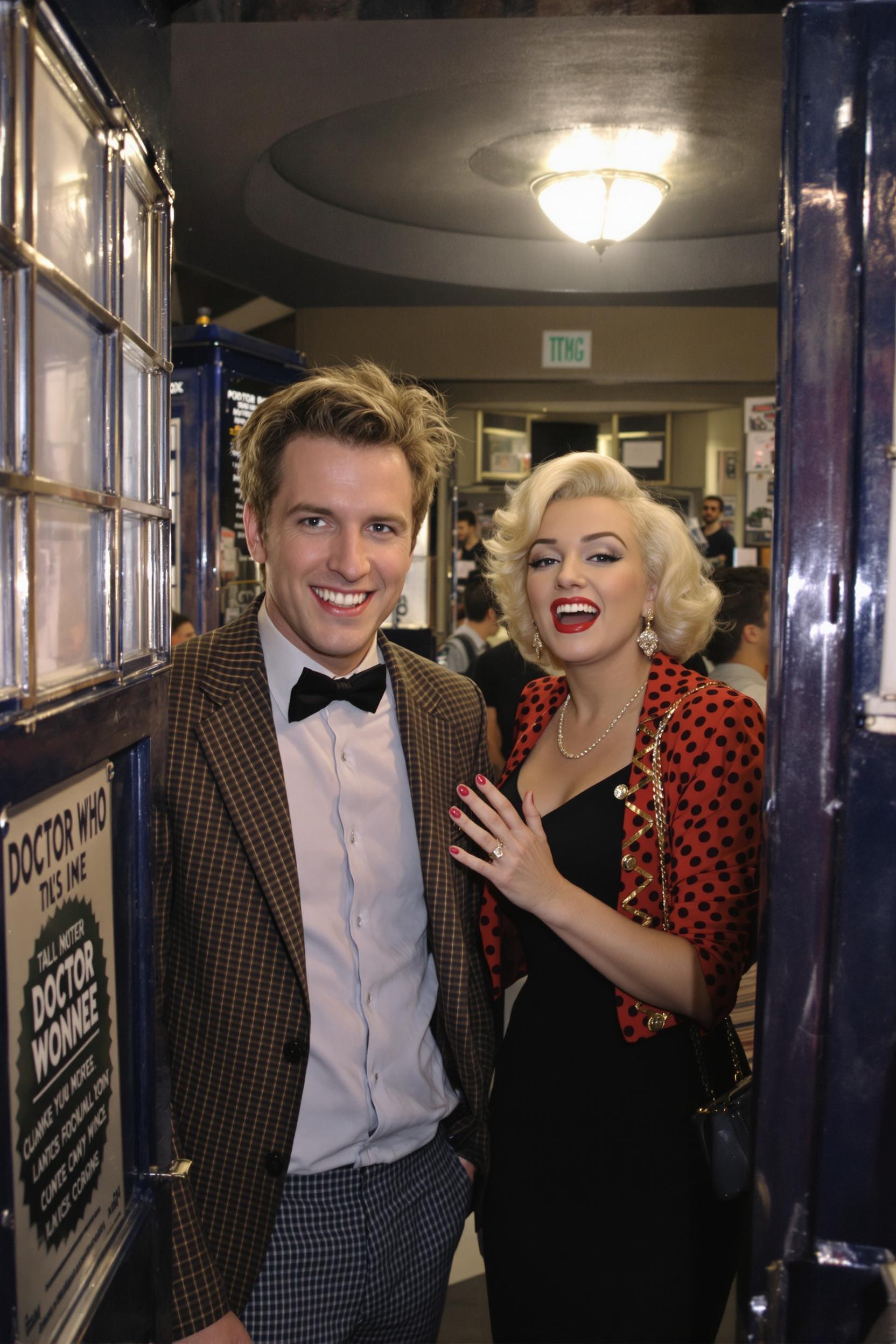 a photo of Marilyn Monroe, Doctor Who "Matt Smith" and Marilyn Monroe are inside the Tardis.