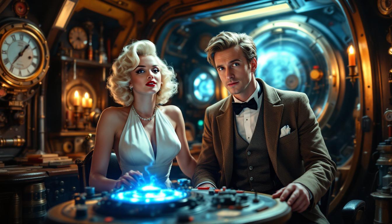 Create a high-resolution digital image showcasing an imaginative scene within the iconic interior of the Tardis, the time machine from Doctor Who:

- **Subjects**: 
  - Marilyn Monroe, styled in her classic 1950s glamour, wearing a white halter neck dress, her platinum blonde hair styled in soft curls, and her makeup accentuating her eyes and lips. She exudes a playful yet sophisticated demeanor.
  - Matt Smith as the Eleventh Doctor, sporting his signature tweed jacket, bow tie, and suspenders, with a look of intrigue and delight on his face.

- **Setting**: The interior of the Tardis, characterized by its steampunk aesthetic, with roundels on the walls, a central console with various controls and a time rotor pulsating with blue light. The environment is filled with an array of gadgets, books, and oddities, suggesting the Doctor's travels through time and space.

- **Visual Details**:
  - Lighting: A mix of soft, ambient light from the Tardis console and the warm glow from overhead lighting, creating a cozy yet otherworldly atmosphere. Shadows dance around the room, adding depth and mystery.
  - Textures: The Tardis interior boasts metallic surfaces with aged patina, worn leather seats, and the occasional spark of electricity from the controls. Marilyn's dress has a subtle sheen, contrasting with the matte and rustic textures of the Tardis.
  - Colors: The palette includes the Tardis's signature blue, complemented by the vibrant colors of Marilyn's dress, and the more muted, earthy tones of the Doctor's attire, creating a harmonious yet striking contrast.

- **Composition**: 
  - The camera angle is slightly low, looking up at the characters, emphasizing their larger-than-life presence within the Tardis. Marilyn and the Doctor are positioned near the console, engaging in a light-hearted conversation or interaction. 
  - Marilyn could be leaning against one of the control panels, her pose casual yet poised, while the Doctor might be in mid-motion, adjusting a control or looking at a gadget with fascination.

- **Mood and Atmosphere**: 
  - The scene captures a moment of unexpected camaraderie, blending the timeless allure of Marilyn Monroe with the timeless adventure of Doctor Who. There's a sense of magic, wonder, and the impossible becoming possible. The atmosphere is playful, with an undercurrent of the surreal, as if time and reality are momentarily suspended within the Tardis.

- **Technical Aspects**: 
  - Utilize techniques like depth of field to focus on Marilyn