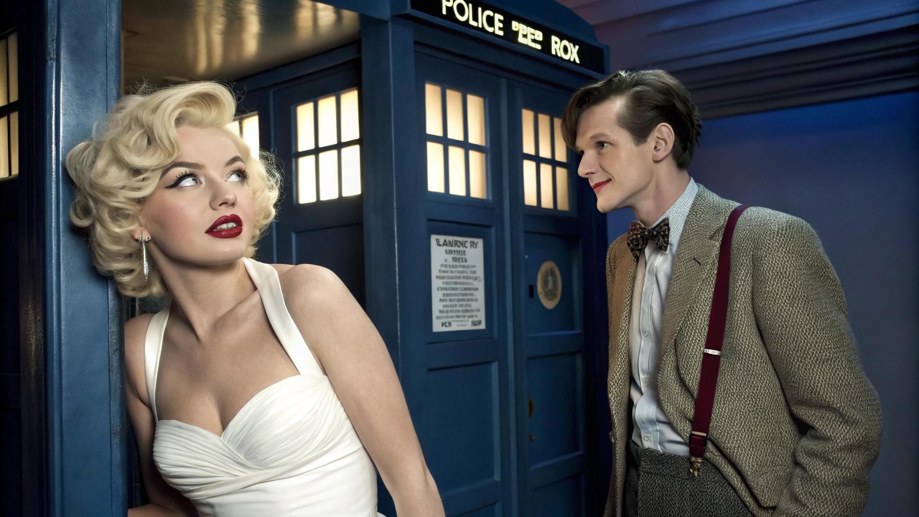 Create a high-resolution digital image showcasing an imaginative scene within the iconic interior of the Tardis, the time machine from Doctor Who:

- **Subjects**: 
  - Marilyn Monroe, styled in her classic 1950s glamour, wearing a white halter neck dress, her platinum blonde hair styled in soft curls, and her makeup accentuating her eyes and lips. She exudes a playful yet sophisticated demeanor.
  - Matt Smith as the Eleventh Doctor, sporting his signature tweed jacket, bow tie, and suspenders, with a look of intrigue and delight on his face.

- **Setting**: The interior of the Tardis, characterized by its steampunk aesthetic, with roundels on the walls, a central console with various controls and a time rotor pulsating with blue light. The environment is filled with an array of gadgets, books, and oddities, suggesting the Doctor's travels through time and space.

- **Visual Details**:
  - Lighting: A mix of soft, ambient light from the Tardis console and the warm glow from overhead lighting, creating a cozy yet otherworldly atmosphere. Shadows dance around the room, adding depth and mystery.
  - Textures: The Tardis interior boasts metallic surfaces with aged patina, worn leather seats, and the occasional spark of electricity from the controls. Marilyn's dress has a subtle sheen, contrasting with the matte and rustic textures of the Tardis.
  - Colors: The palette includes the Tardis's signature blue, complemented by the vibrant colors of Marilyn's dress, and the more muted, earthy tones of the Doctor's attire, creating a harmonious yet striking contrast.

- **Composition**: 
  - The camera angle is slightly low, looking up at the characters, emphasizing their larger-than-life presence within the Tardis. Marilyn and the Doctor are positioned near the console, engaging in a light-hearted conversation or interaction. 
  - Marilyn could be leaning against one of the control panels, her pose casual yet poised, while the Doctor might be in mid-motion, adjusting a control or looking at a gadget with fascination.

- **Mood and Atmosphere**: 
  - The scene captures a moment of unexpected camaraderie, blending the timeless allure of Marilyn Monroe with the timeless adventure of Doctor Who. There's a sense of magic, wonder, and the impossible becoming possible. The atmosphere is playful, with an undercurrent of the surreal, as if time and reality are momentarily suspended within the Tardis.

- **Technical Aspects**: 
  - Utilize techniques like depth of field to focus on Marilyn