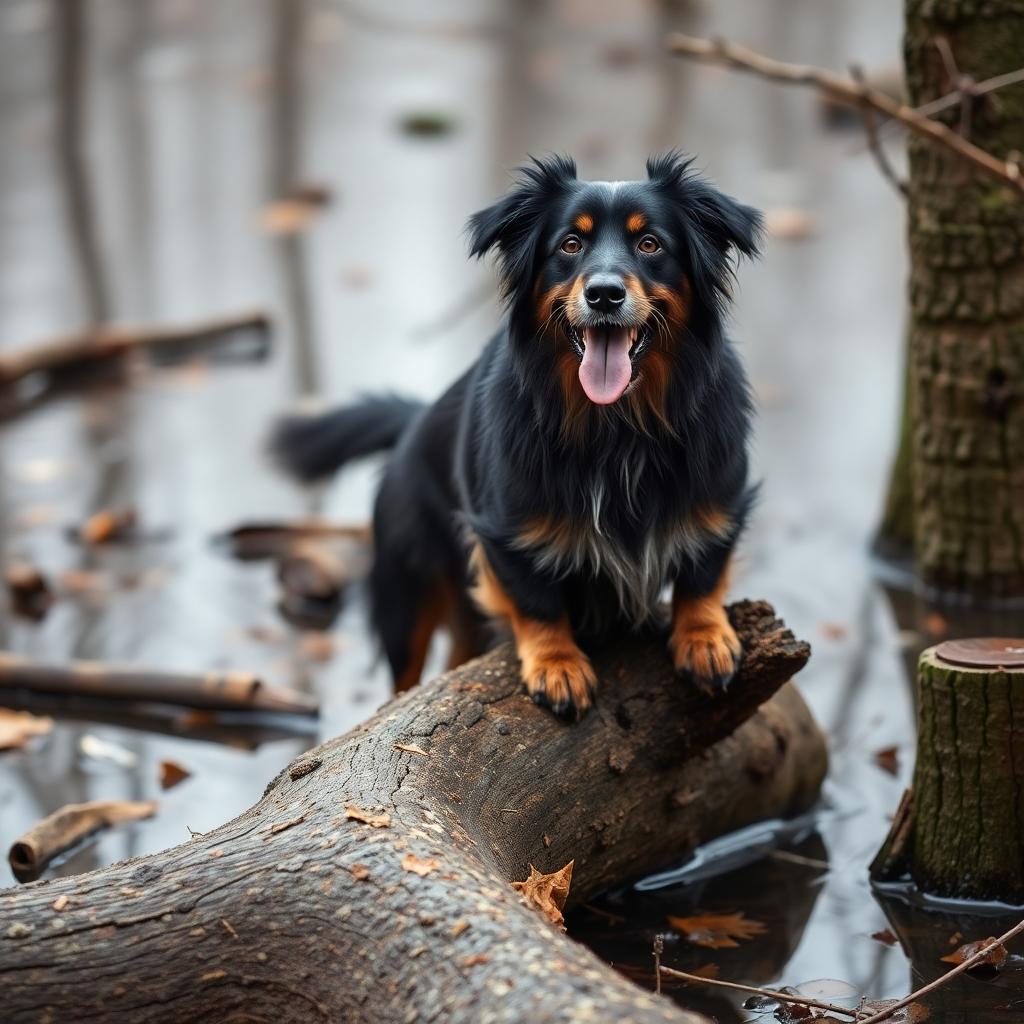 a dog on a log in a bog
