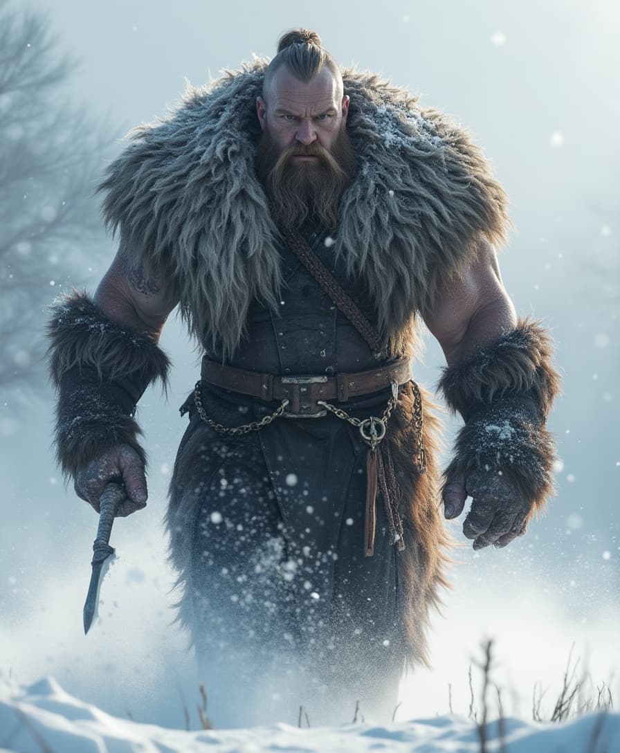 professional photography of huge muscle viking warrior walking forward, front view, across a snowy field. Its flowing mane catches the frosty air, frozen crystals, exuding an icy brilliance.