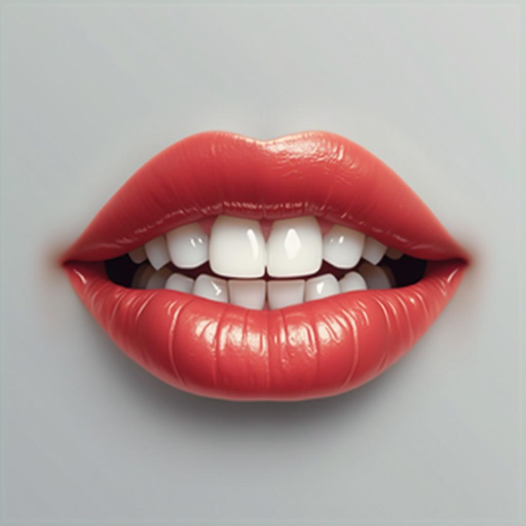 Realistic illustration of red lips with white teeth, frontal view, solid gray background, simple and minimalist style, high resolution, 30k detail. 