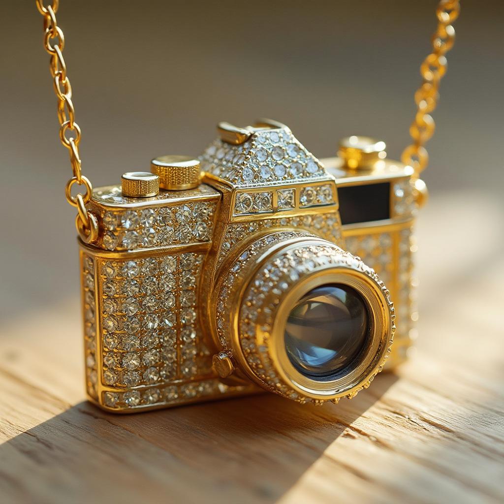 A gold pendant in the shape of a camera studded with diamonds 