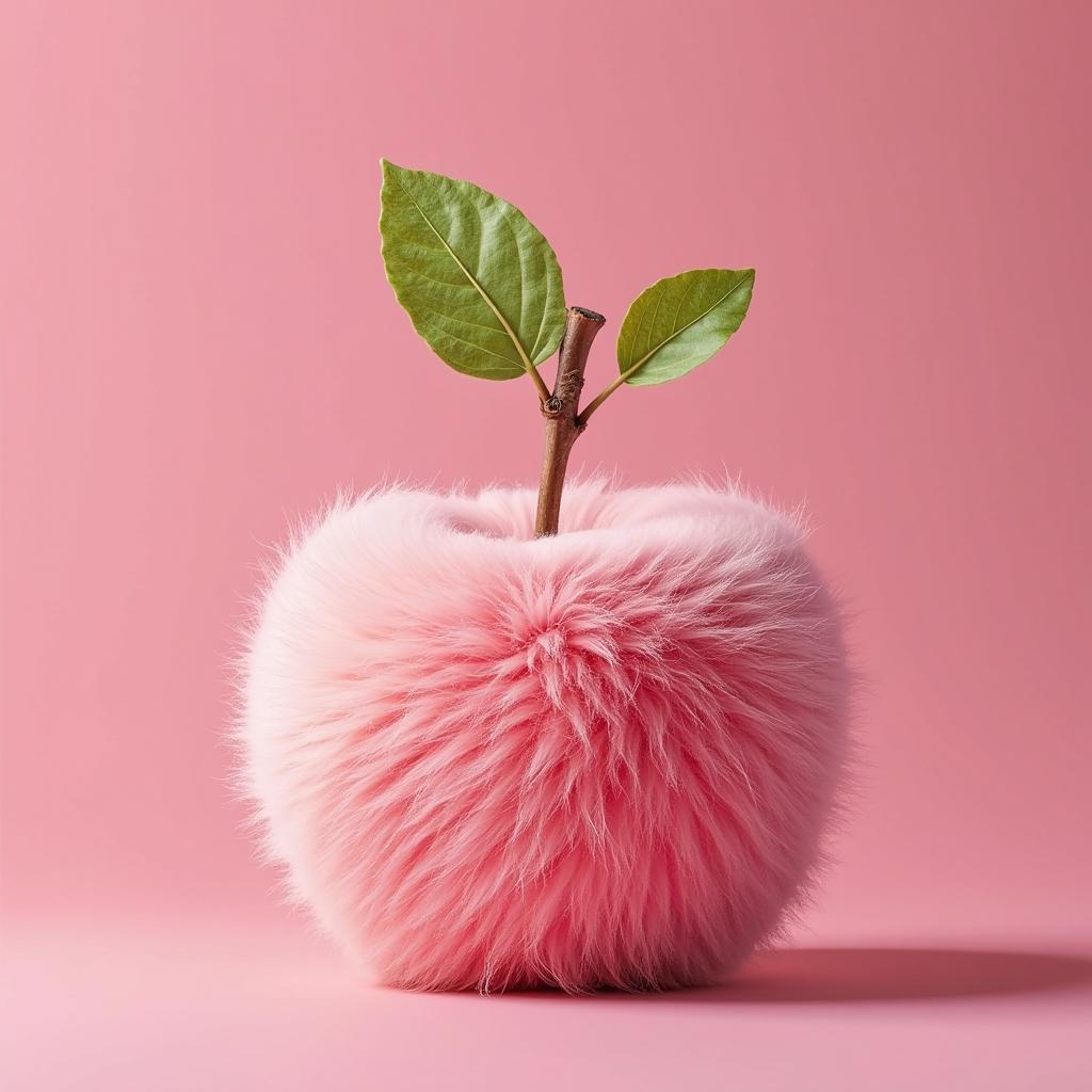 creative apple made of pink fluffy fur on pink background 