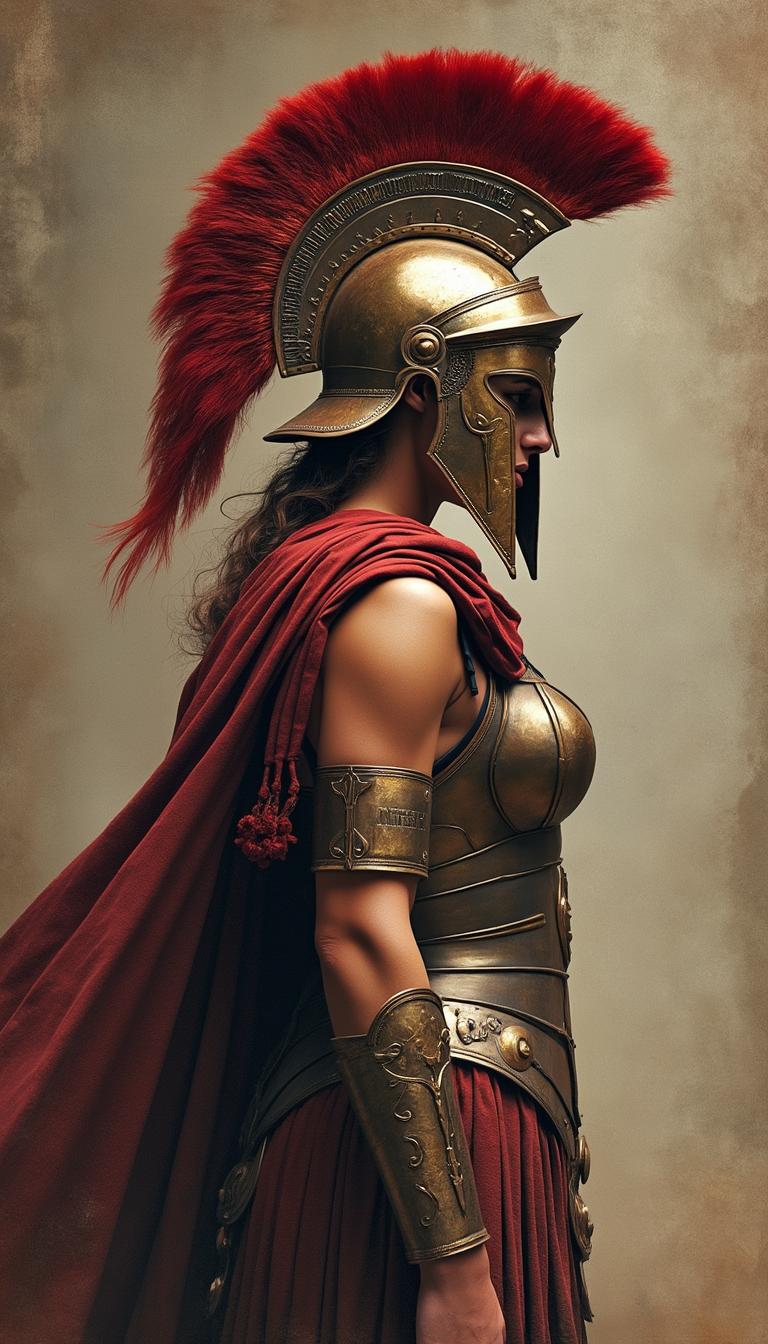 female Trojan warrior with helmet covering face, standing side view