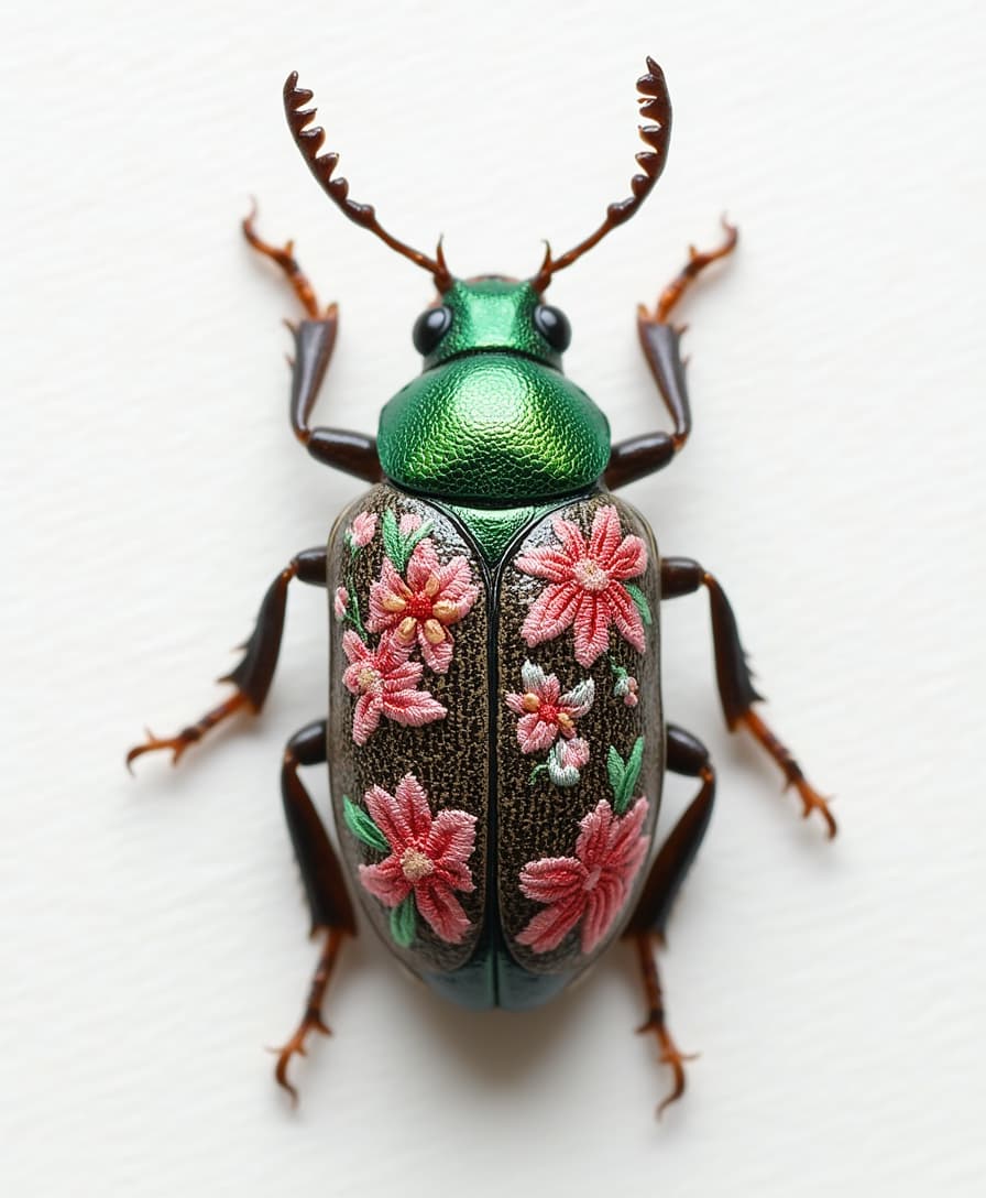 top view，a small beetle is on the desk，3/4 shot，The beetle has an embroidered pattern of small flowers on its back，pink，green，white background，clean background，large area blank 