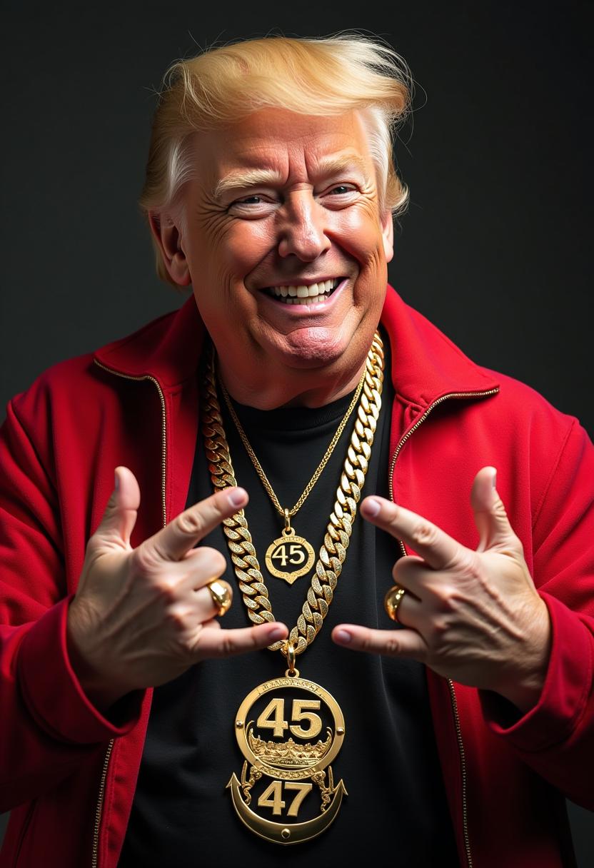 Create image of Donald Trump dressed up as a rapper, rapper clothes, with gold chains, pentant with the words "45", "47", gold teeth, making gangster hand gestures, smiling at viewer 