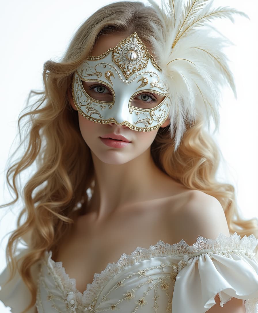 **Subject**: A young woman with flowing, voluminous blonde hair, styled in soft waves, cascading around her shoulders.

**Mask**: She wears an ornate Opera carnival masquerade mask. The mask is made of white porcelain, adorned with intricate gold filigree and embellished with iridescent feathers and tiny pearls. The mask covers her eyes and the upper part of her face, leaving her lips visible.

**Costume**: Her attire is elegant and theatrical, reminiscent of a Baroque opera costume. She's wearing a dress with a corseted bodice, full skirt, and lace detailing. The fabric is rich silk in a pale, opalescent color, complementing the mask's white and gold theme.

**Setting**: Isolated on a seamless white background to emphasize the subject and her costume, creating a studio portrait effect.

**Lighting**: Soft, diffused lighting to highlight the texture of her hair, the luster of the mask, and the delicate details of her costume. The light should wrap around her, casting gentle shadows that enhance the three-dimensionality of her features.

**Photography Style**: High-resolution, studio photography with a focus on detail and clarity. Use a shallow depth of field to blur the background slightly, keeping the focus sharply on the subject.

**Mood and Atmosphere**: Elegant, mysterious, and theatrical, evoking the grandeur and opulence of an 18th-century masquerade ball.

**Technical Aspects**: Capture in RAW format for maximum detail retention, using a macro lens or a lens with excellent close-up capabilities. Employ a tripod for stability and ensure the white balance is set to daylight or tungsten to accurately represent the colors of the costume and mask.