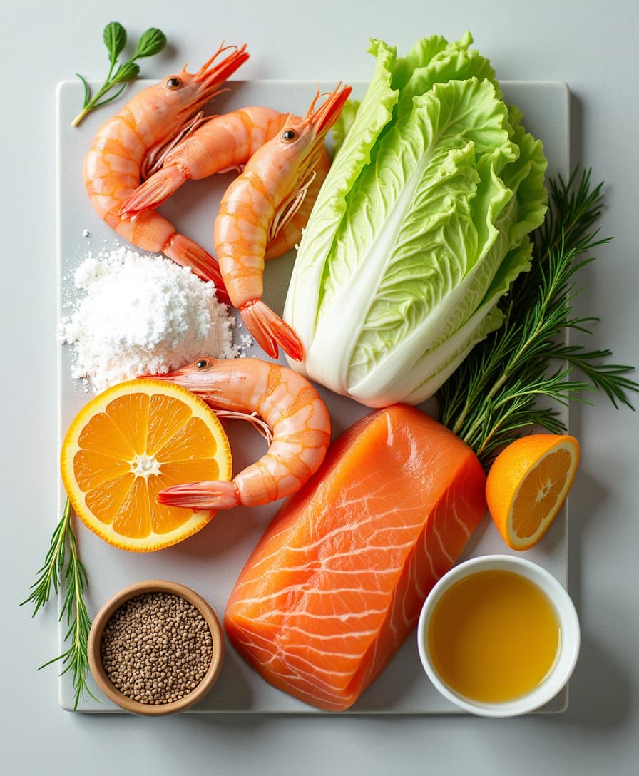 A photorealistic and highly detailed advertising image featuring a beautifully arranged composition of fresh shrimp, white powder, crisp cabbage, vibrant salmon, golden salmon oil, juicy orange slices, fresh green grass, and flax seeds. All elements are carefully placed directly on a smooth, neutral-colored table, creating a harmonious and visually appealing layout. The composition is designed to fit perfectly within a horizontal rectangular frame. The background is subtle and neutral, ensuring the ingredients remain the focal point. The camera is positioned straight-on with a level horizon, capturing the scene with clarity and balance, ideal for a professional and natural presentation. 