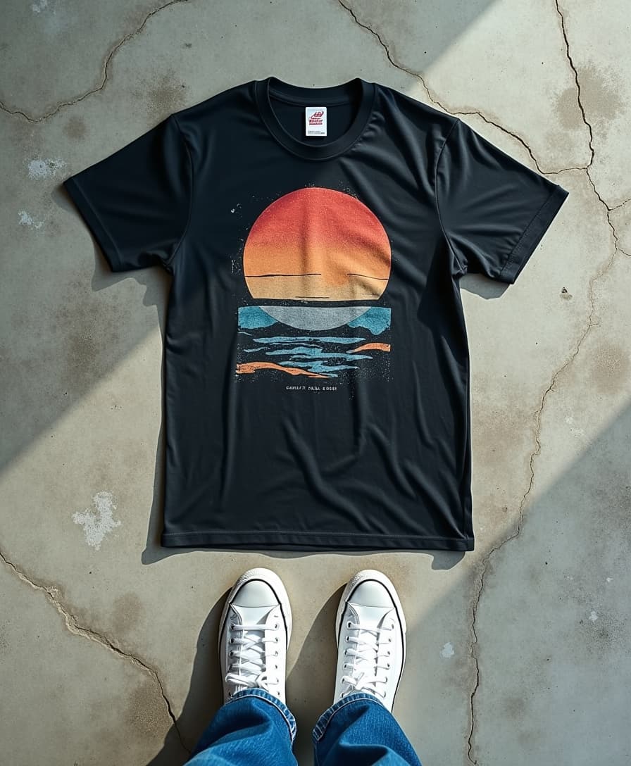 Top-down photograph showcasing a **vintage black t-shirt** with **distressed textures** and **faded print** laid out on a **weathered, grey concrete floor** with visible **cracks** and **stains**. The **composition** features the **t-shirt** centered, surrounded by the **edges of the concrete** to frame it. In the lower part of the frame, **the photographer's feet** are visible, adorned in **1970s style flared jeans** in a **vibrant blue**, paired with **clean, white sneakers**. The **lighting** is **natural**, casting **soft shadows** and highlights that accentuate the **texture of the concrete** and **creases** in the jeans. The **mood** is **casual** and **nostalgic**, evoking a **retro atmosphere** with **subtle**, **early morning light**. The **style** of the photograph should mimic a **70s Polaroid**, with **saturated colors**, **grain**, and **vignetting** to enhance the **vintage aesthetic**.