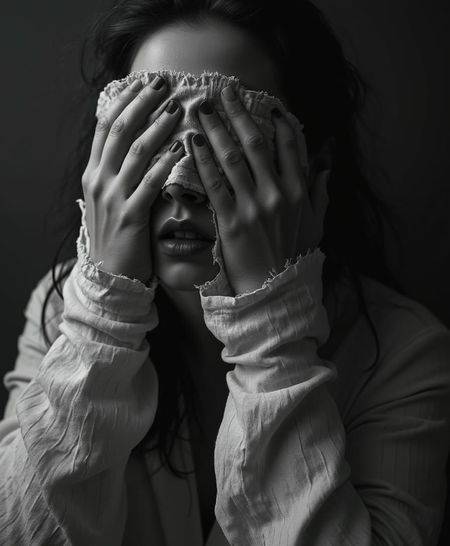 A horror scene close up of a woman with cloth over her eyes, dark background , black and white , ultra realistic texture, cinematic lighting, 